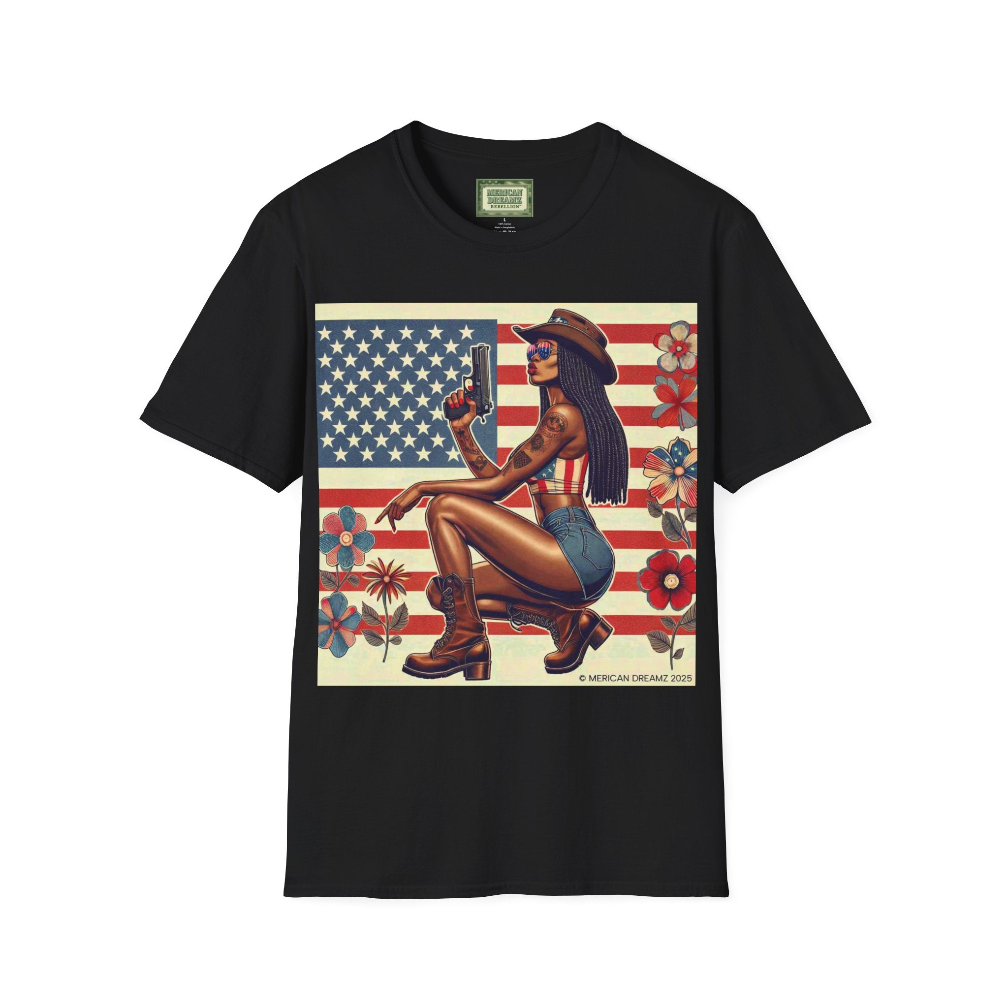 Pin-Up Americana T-Shirt — Retro Floral Gun Cowgirl Vintage Style (US Only)
