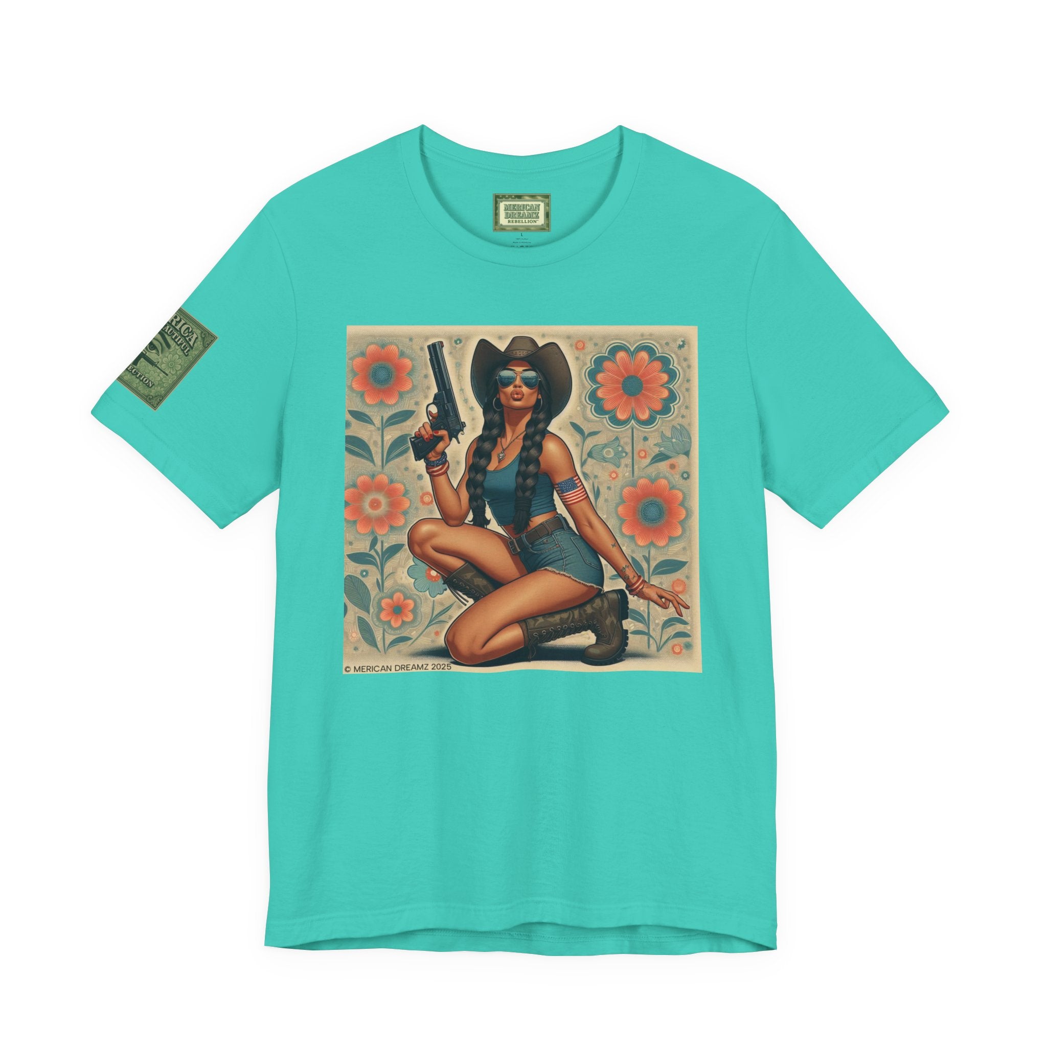 Graphic Short Sleeve Tee front and back — Retro Americana Pin-Up Cowgirls with 9mm Pistols
