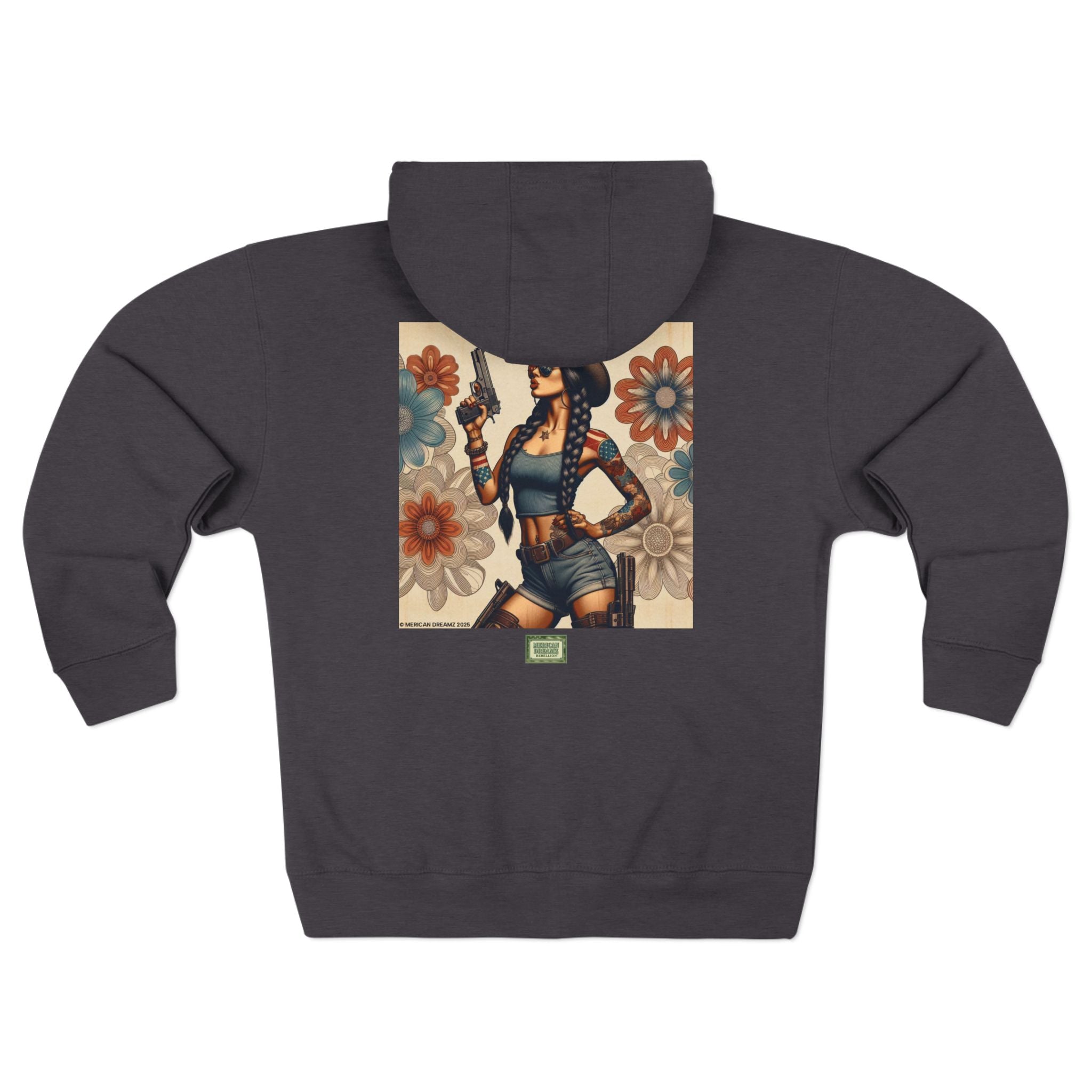 Americana Pinup Cowgirl with 9mm Zip Hoodie — Retro Vintage Patriotic Graphic