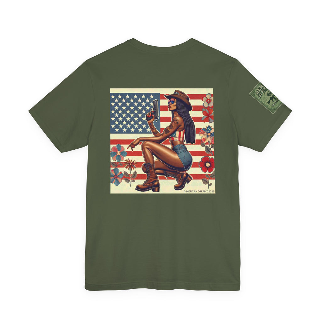 Graphic Short Sleeve Tee front and back — Retro Americana Pin-Up Cowgirls with 9mm Pistols