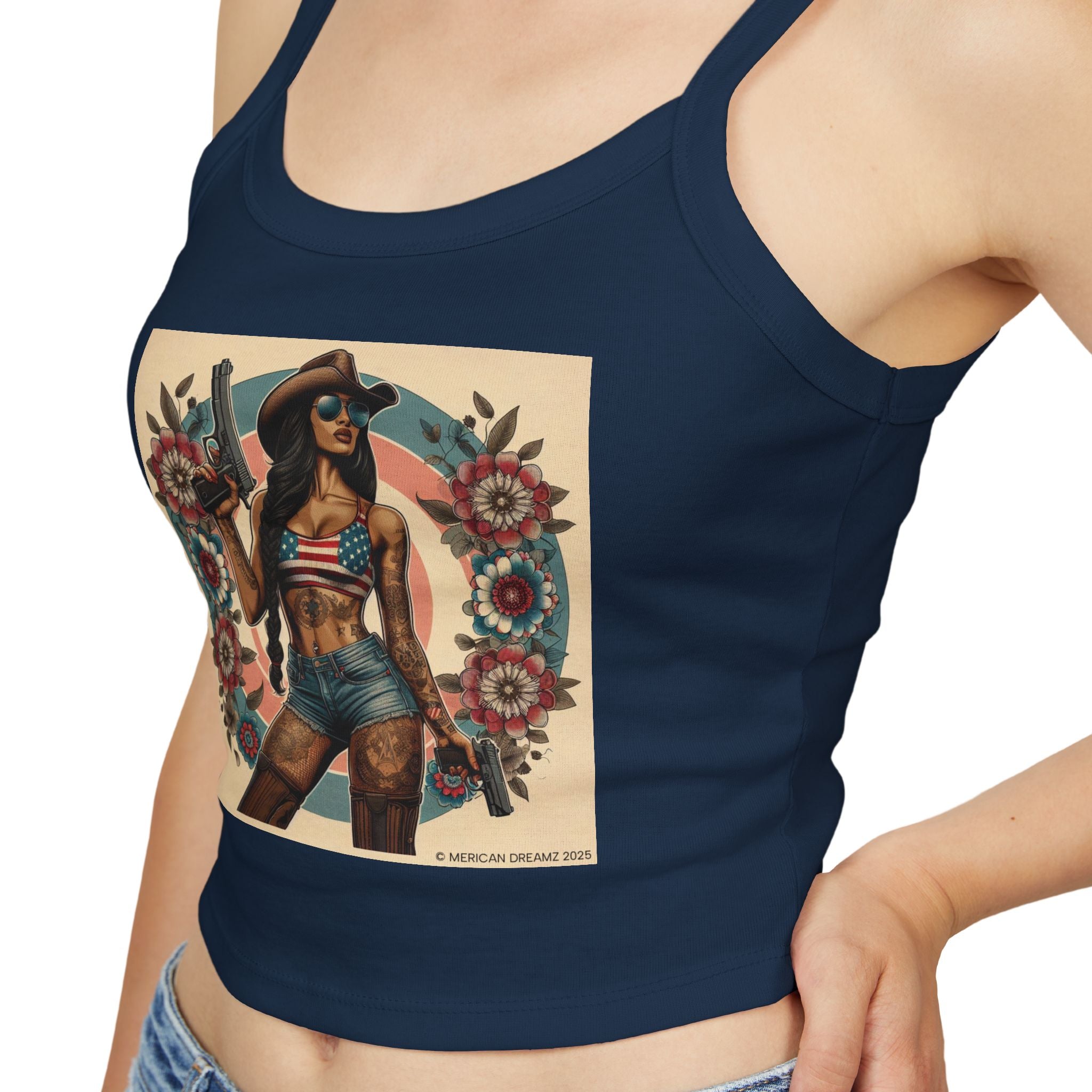 Retro Pinup Girl Tank Top — Vintage Flag & Floral Spaghetti Strap