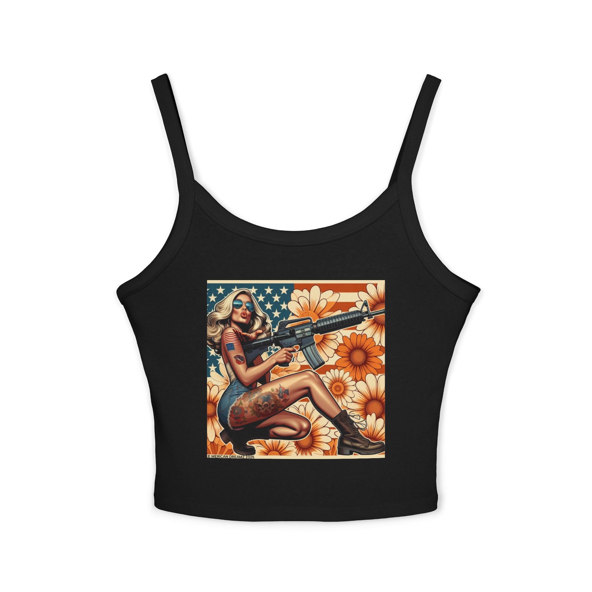 Retro Pinup Girl Tank Top — Vintage Flag & Floral Spaghetti Strap