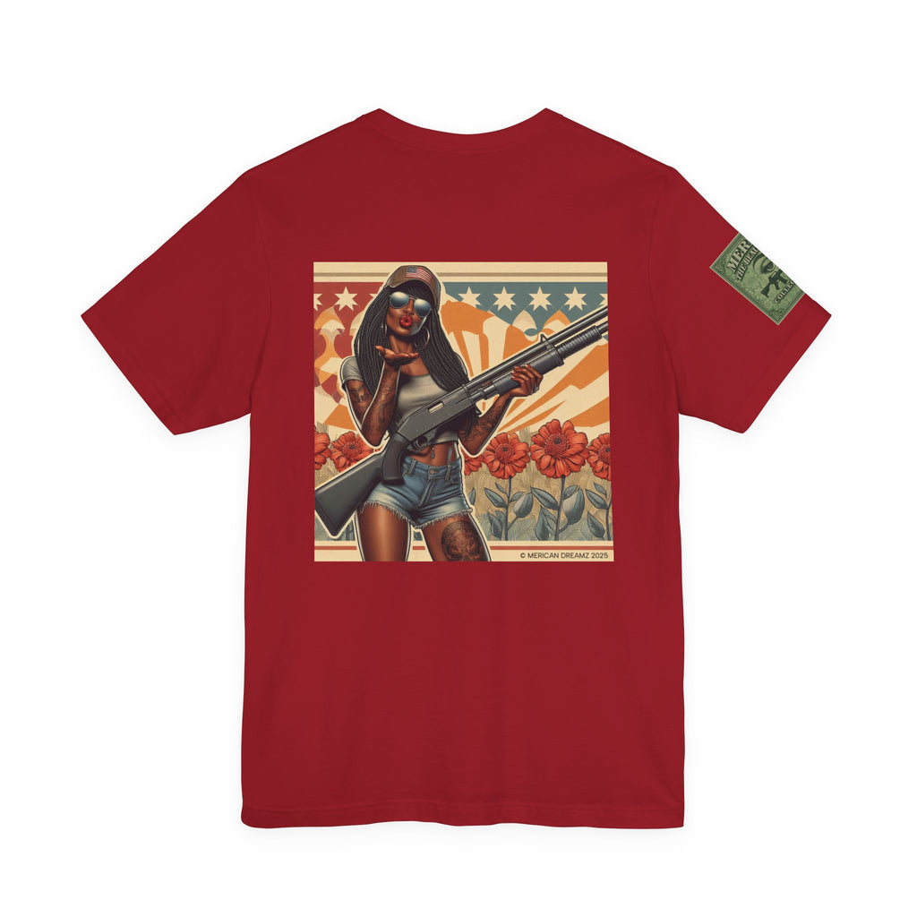 Graphic Short Sleeve Tee front and back — Retro Americana Pin-Up Cowgirls with 12 Gauge Shotguns