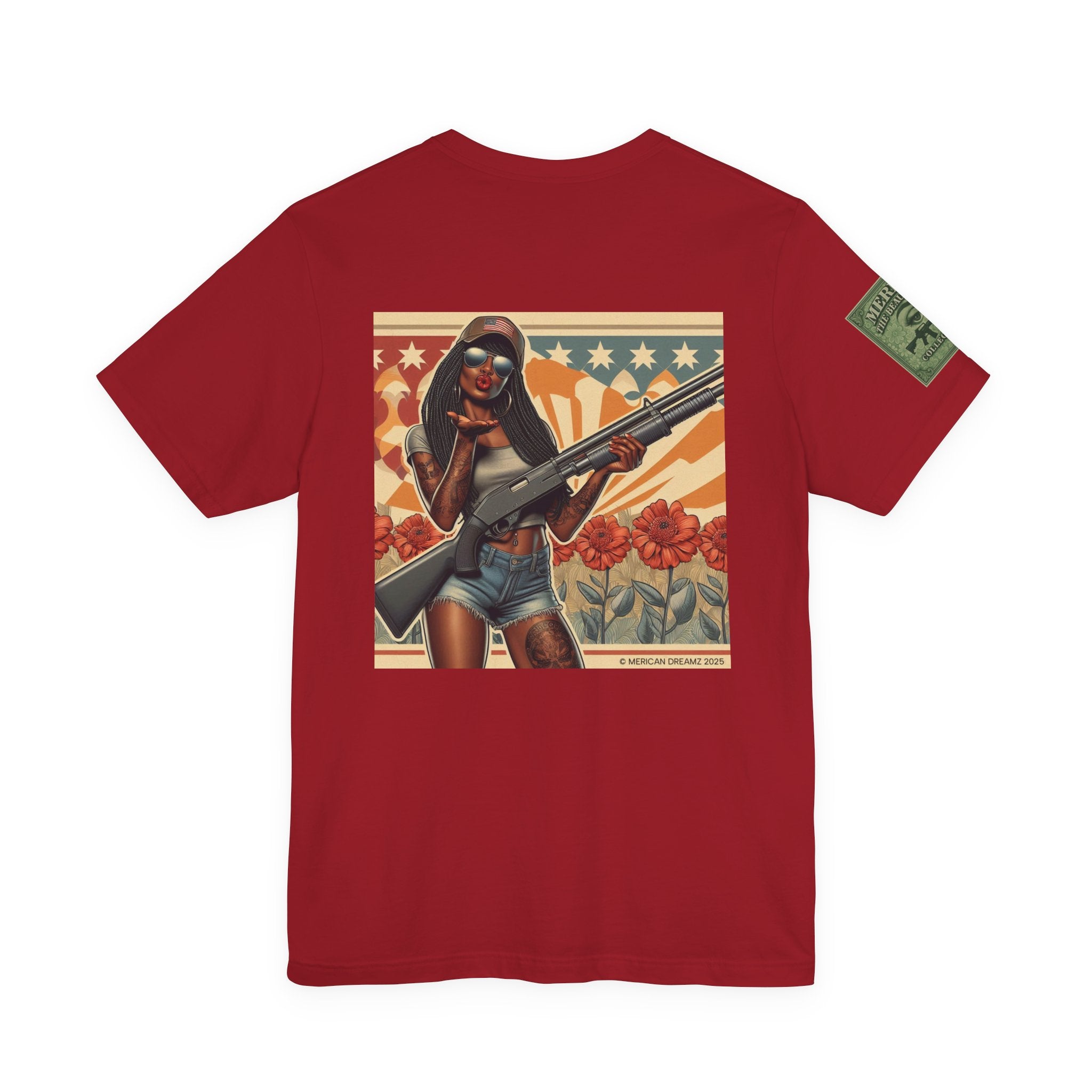 Graphic Short Sleeve Tee front and back — Retro Americana Pin-Up Cowgirls with 12 Gauge Shotguns