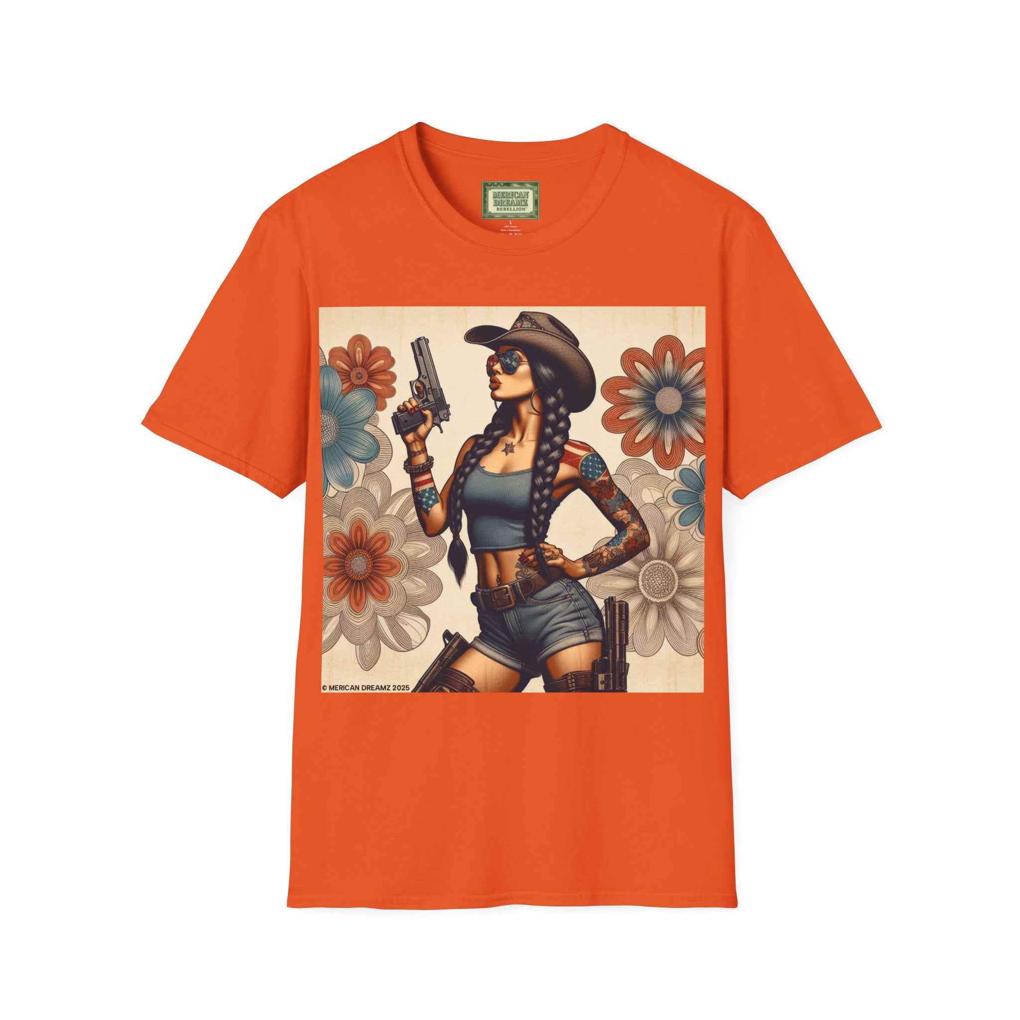Pin-Up Americana T-Shirt — Retro Floral Gun Cowgirl Vintage Style (US Only)
