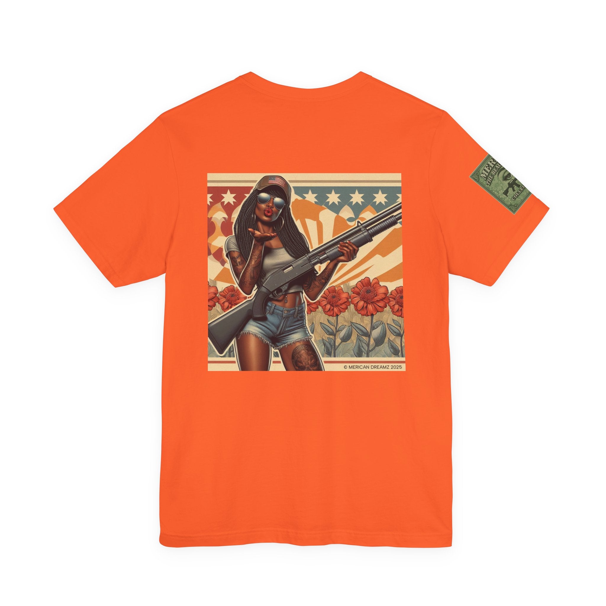 Graphic Short Sleeve Tee front and back — Retro Americana Pin-Up Cowgirls with 12 Gauge Shotguns