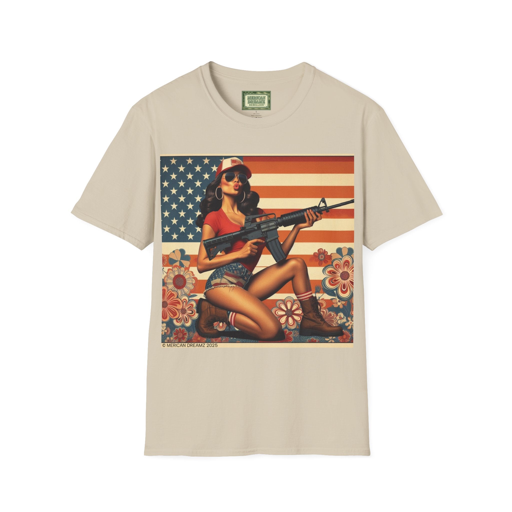 Graphic T-Shirt — Patriotic Pinup Girl with Rifle Vintage Flag Design (US Only)