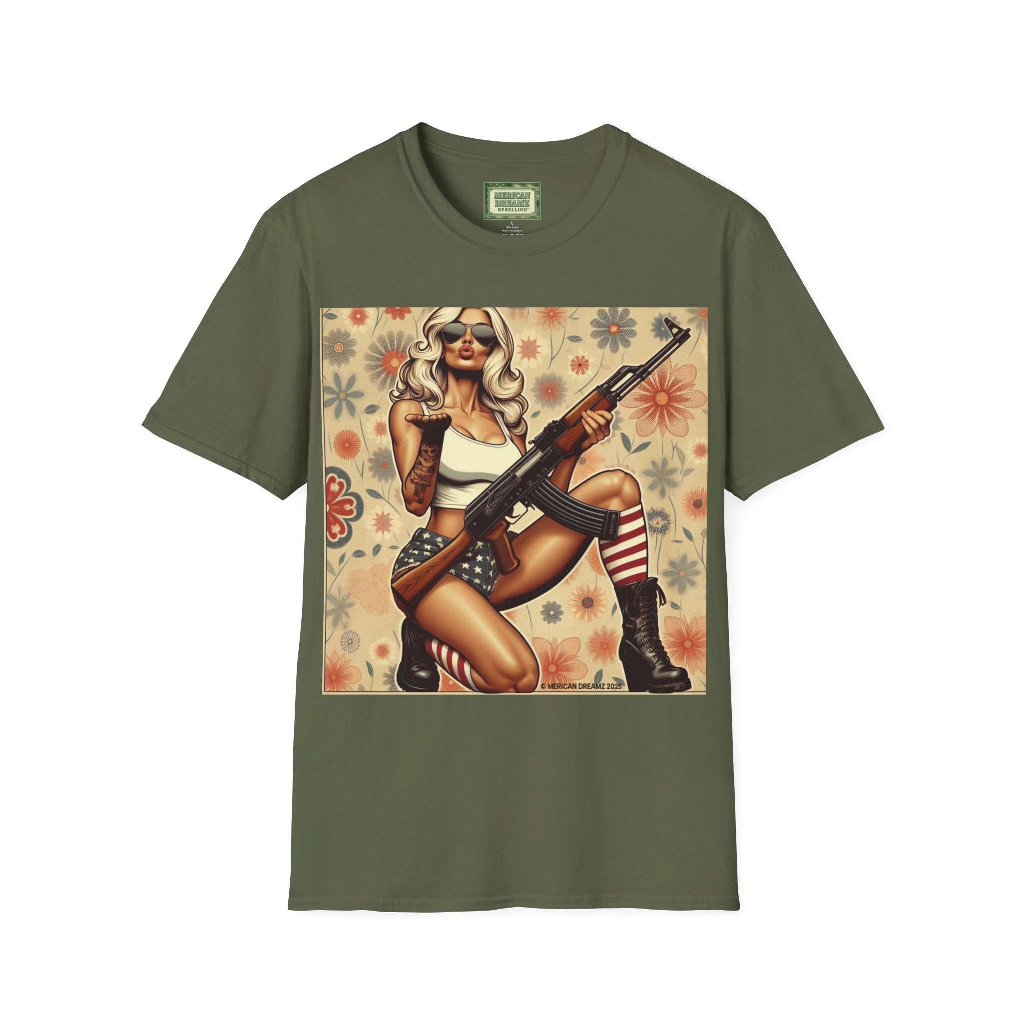 Graphic T-Shirt — Patriotic Pinup Girl with Rifle Vintage Flag Design (US Only)