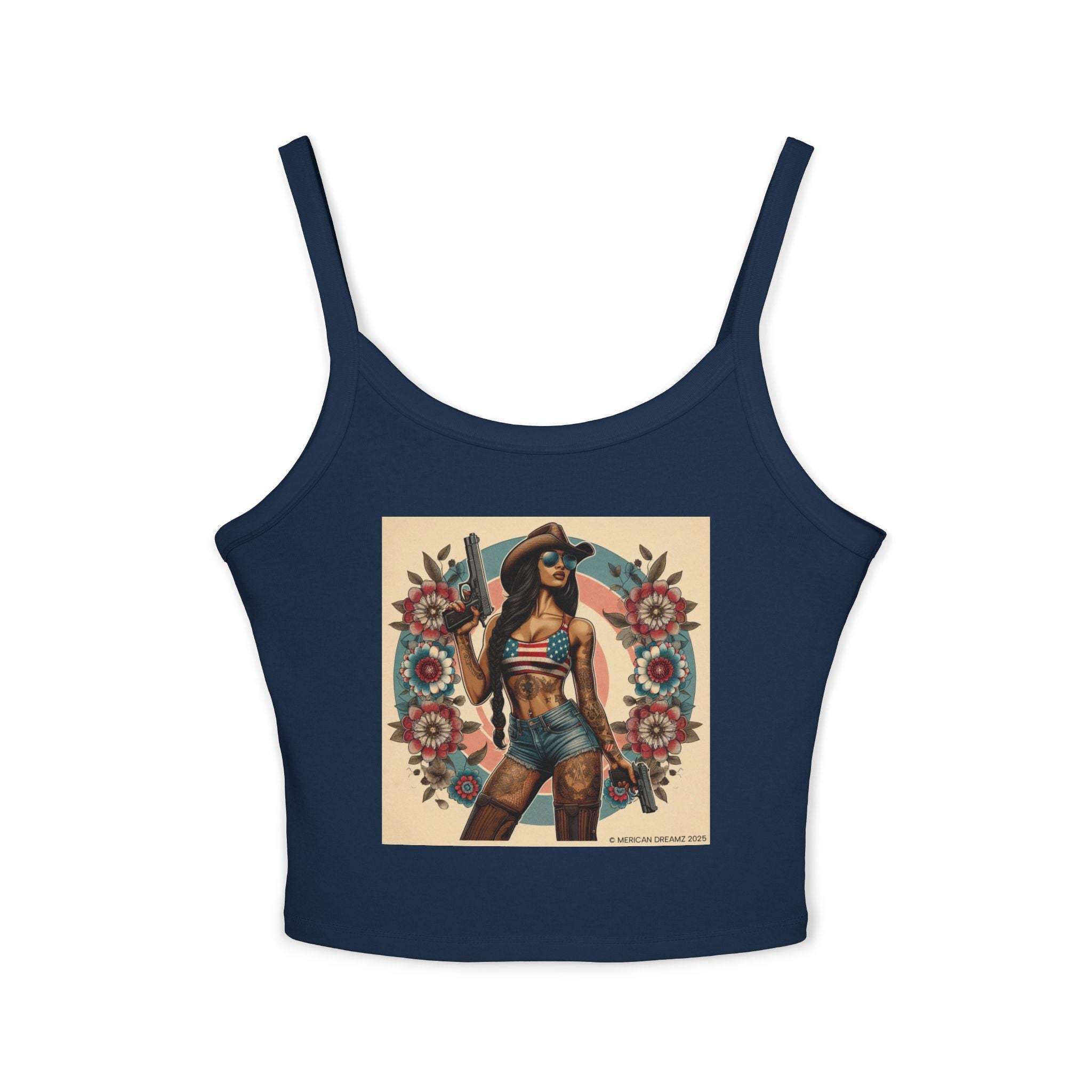 Retro Pinup Girl Tank Top — Vintage Flag & Floral Spaghetti Strap