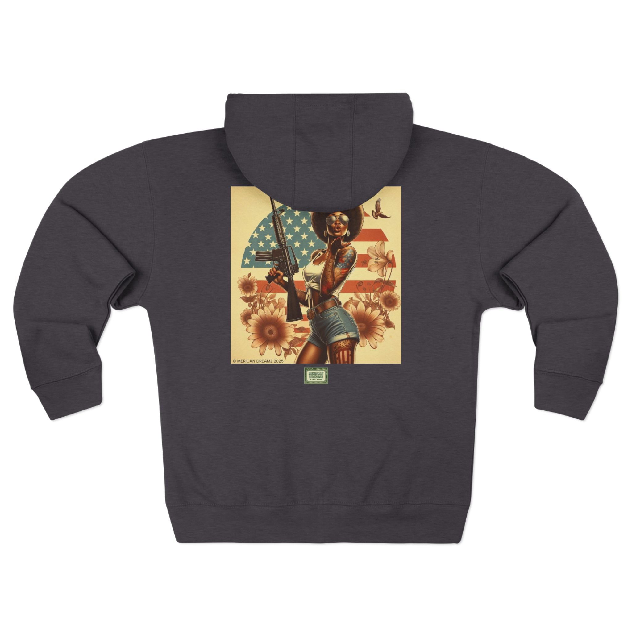 Americana Pinup girl with AR-15 Zip Hoodie — Retro Vintage Patriotic Graphic
