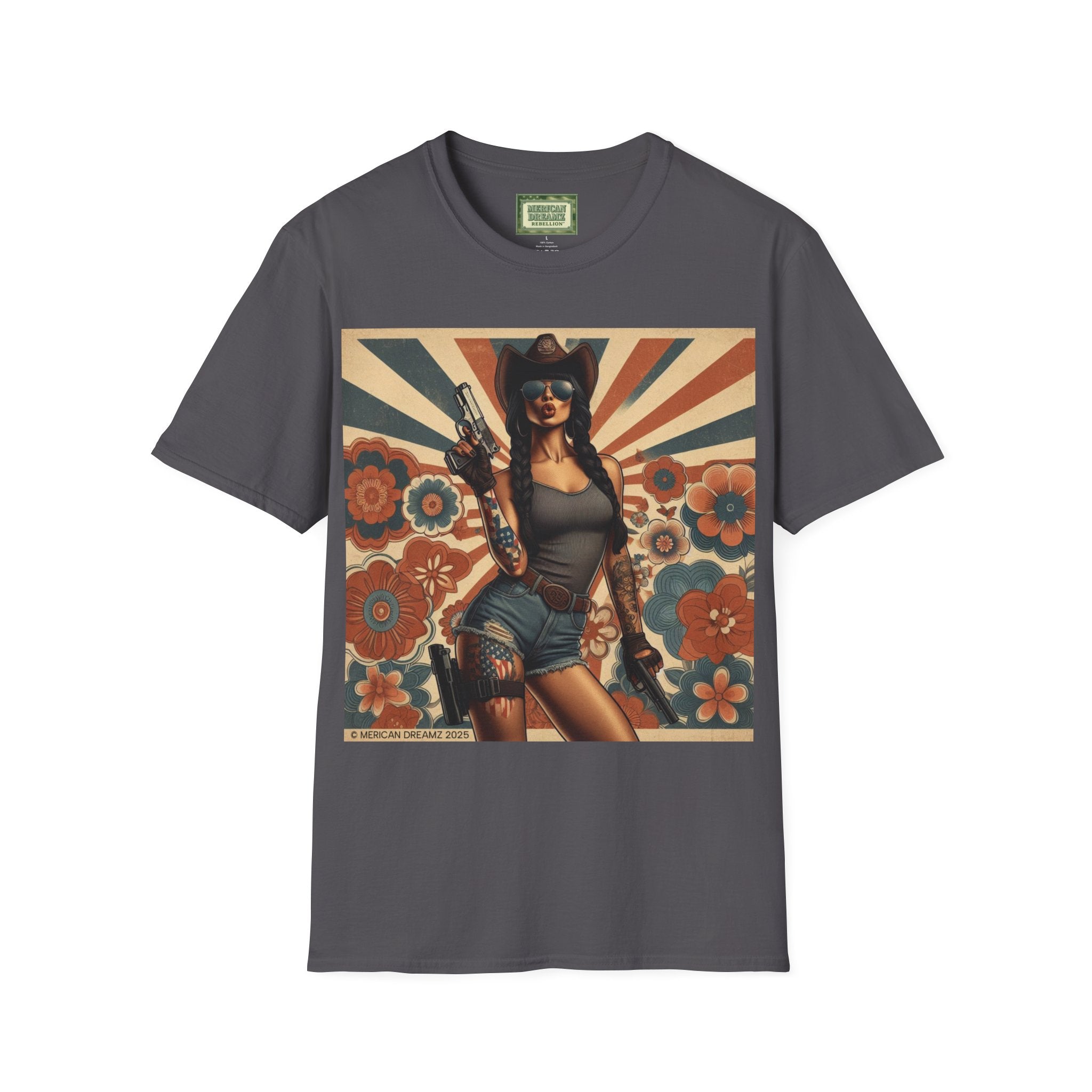Pin-Up Americana T-Shirt — Retro Floral Gun Cowgirl Vintage Style (US Only)