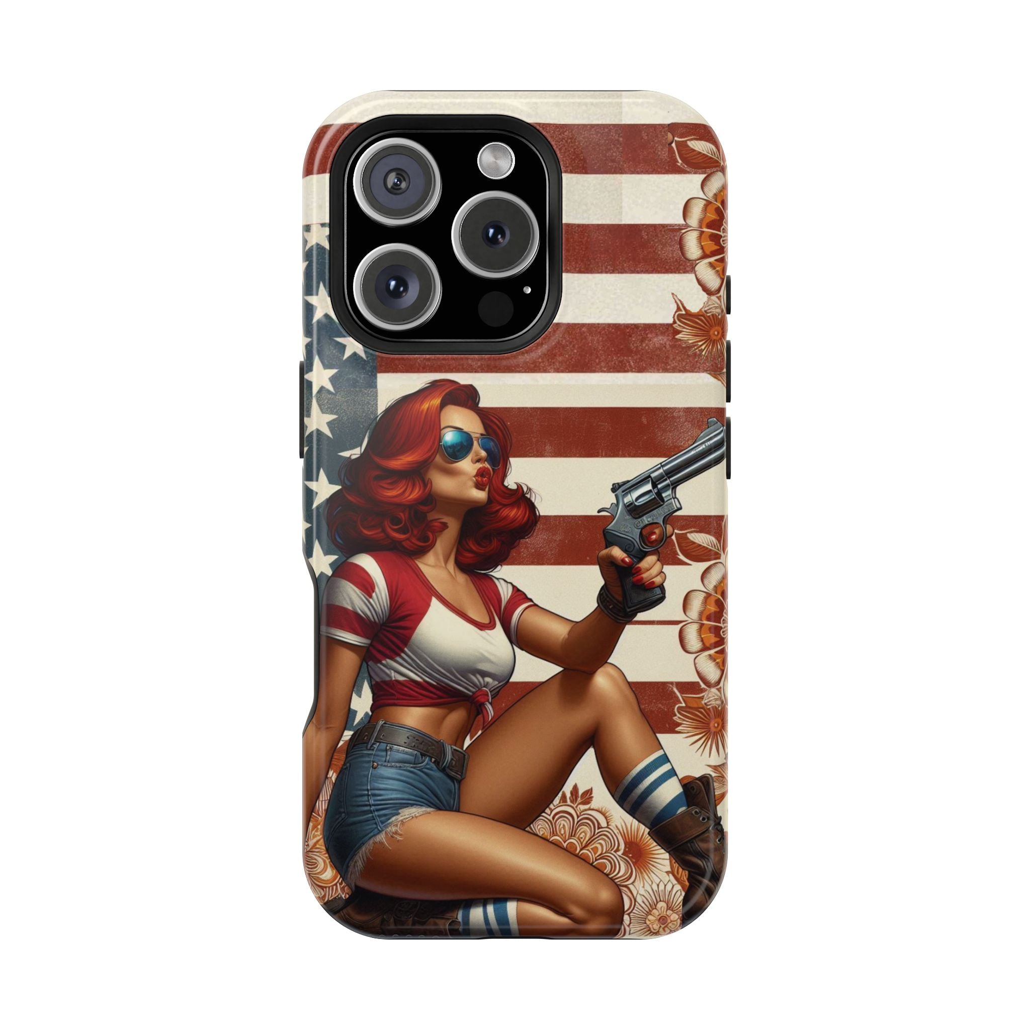 Americana .44 Magnum Pinup Girl - Magnetic Impact‑Resistant Phone Case  iPhone 13-17 / Samsung S26  MagSafe Compatible