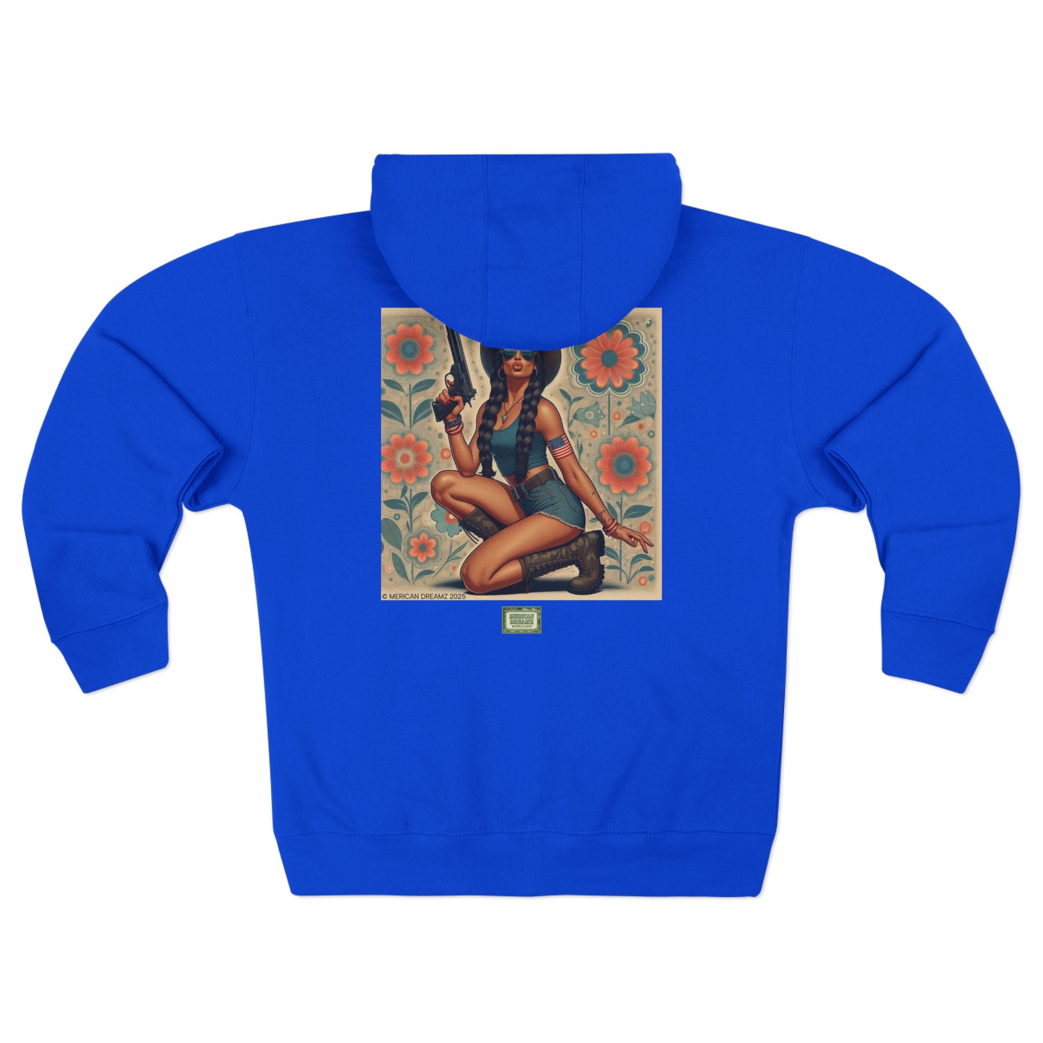 Americana Pinup Cowgirl with 9mm Zip Hoodie — Retro Vintage Patriotic Graphic