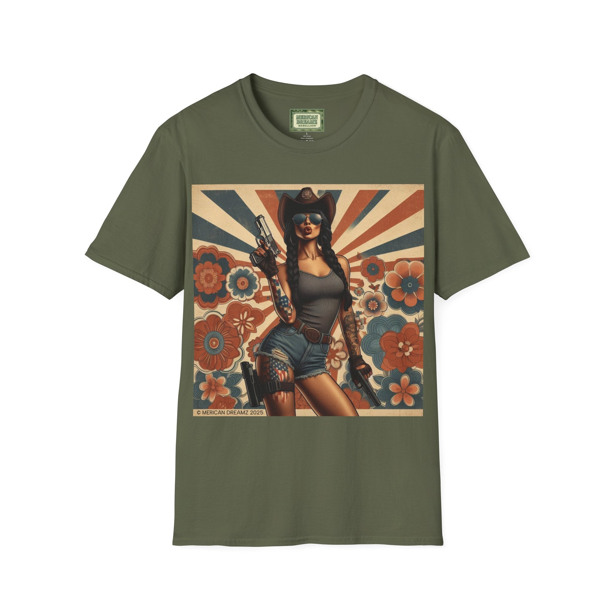 Pin-Up Americana T-Shirt — Retro Floral Gun Cowgirl Vintage Style (US Only)