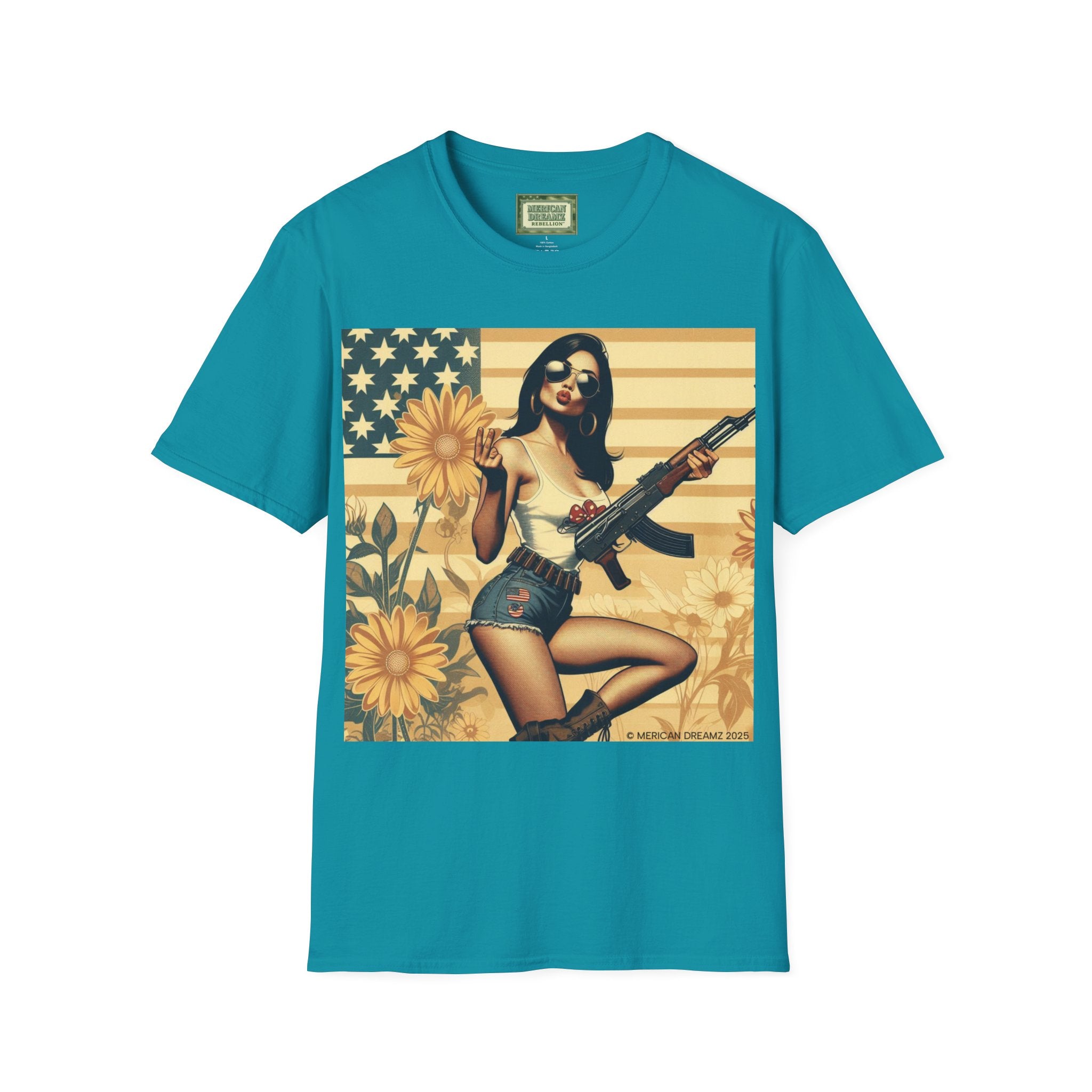 Graphic T-Shirt — Patriotic Pinup Girl with Rifle Vintage Flag Design (US Only)