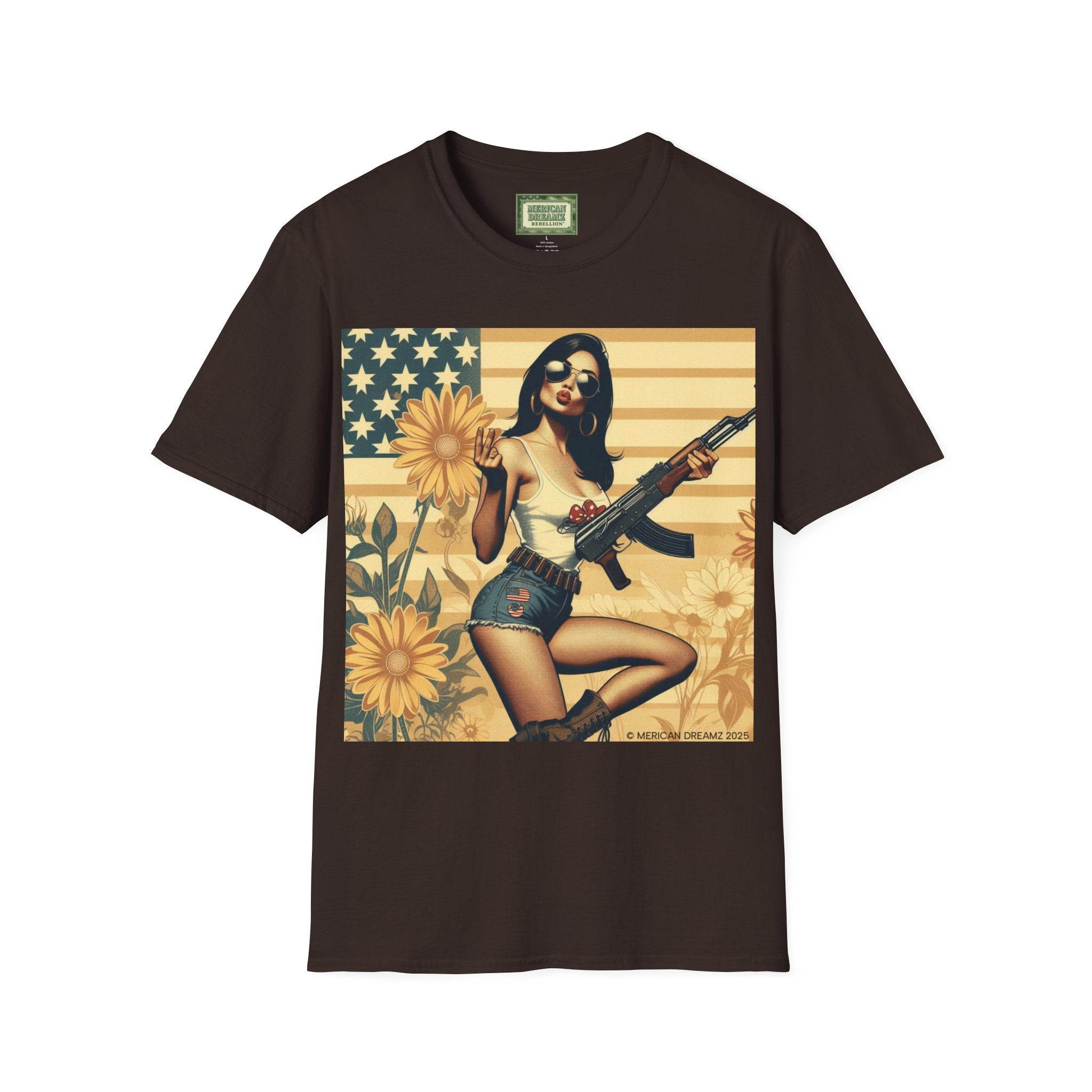 Graphic T-Shirt — Patriotic Pinup Girl with Rifle Vintage Flag Design (US Only)