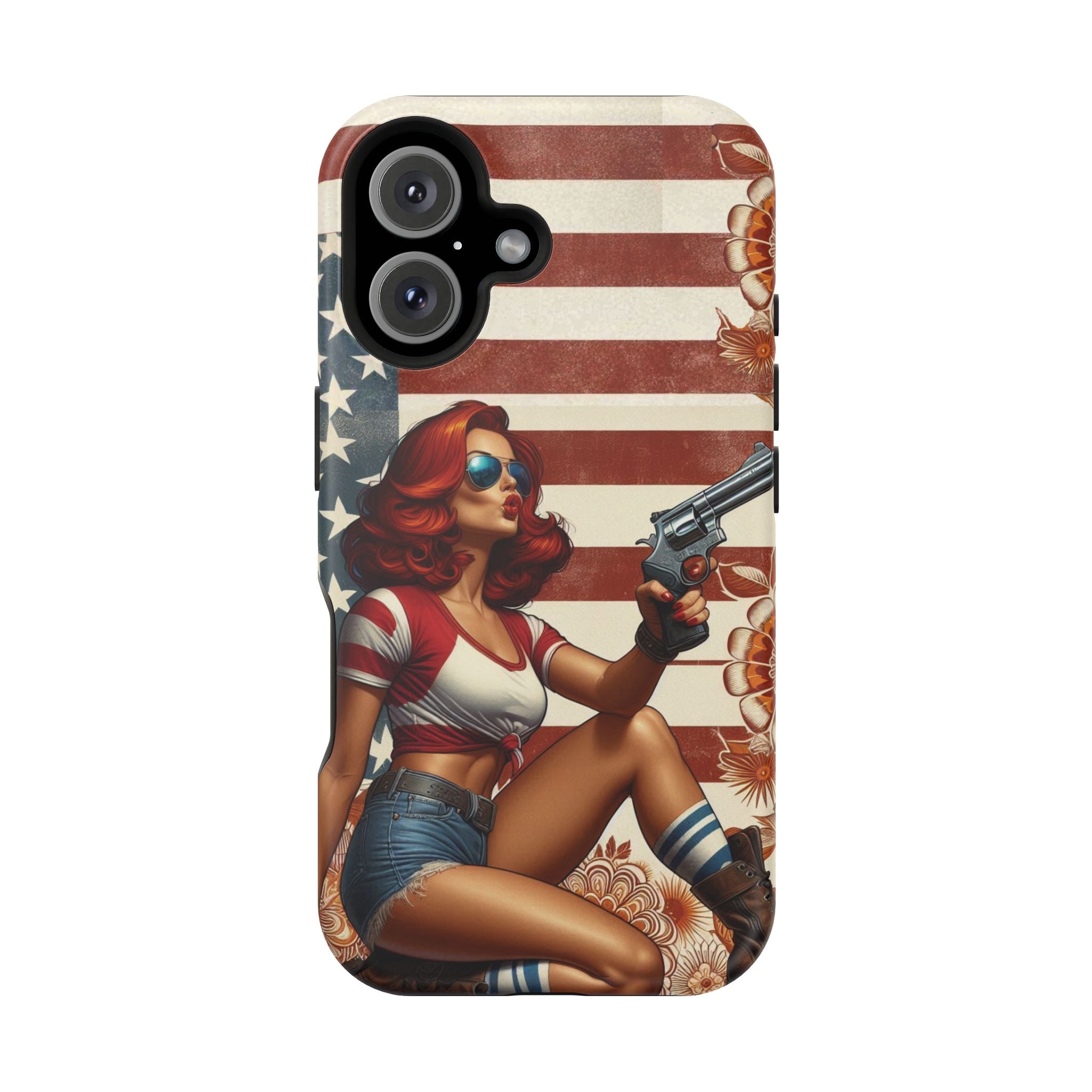 Americana .44 Magnum Pinup Girl - Magnetic Impact‑Resistant Phone Case  iPhone 13-17 / Samsung S26  MagSafe Compatible