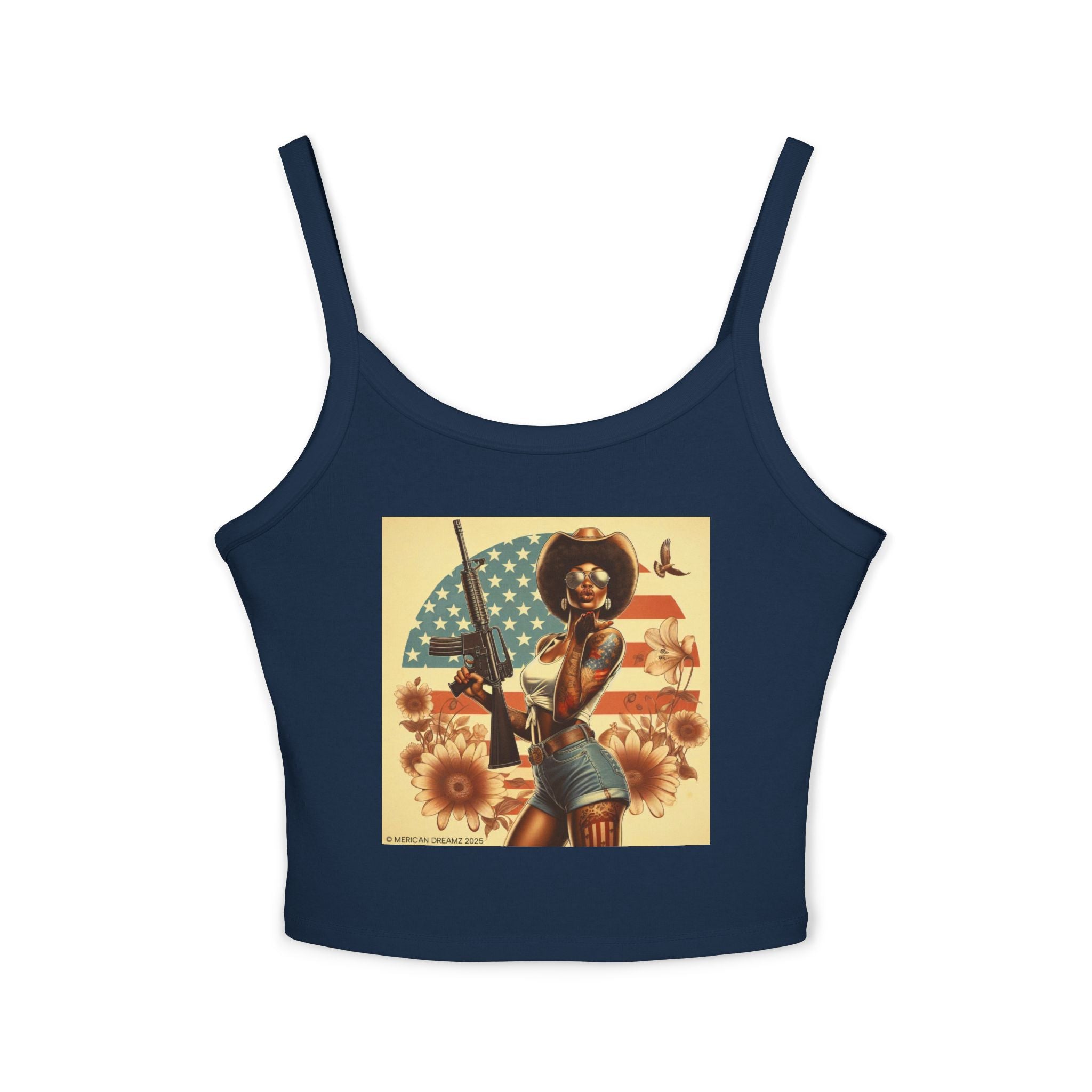 Retro Pinup Girl Tank Top — Vintage Flag & Floral Spaghetti Strap