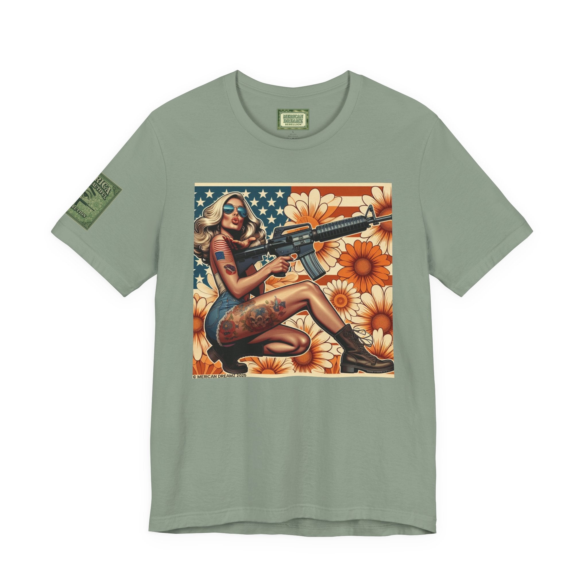 Graphic Short Sleeve Tee front and back — Retro Americana Pin-Up Girls with AR-15 Rifles