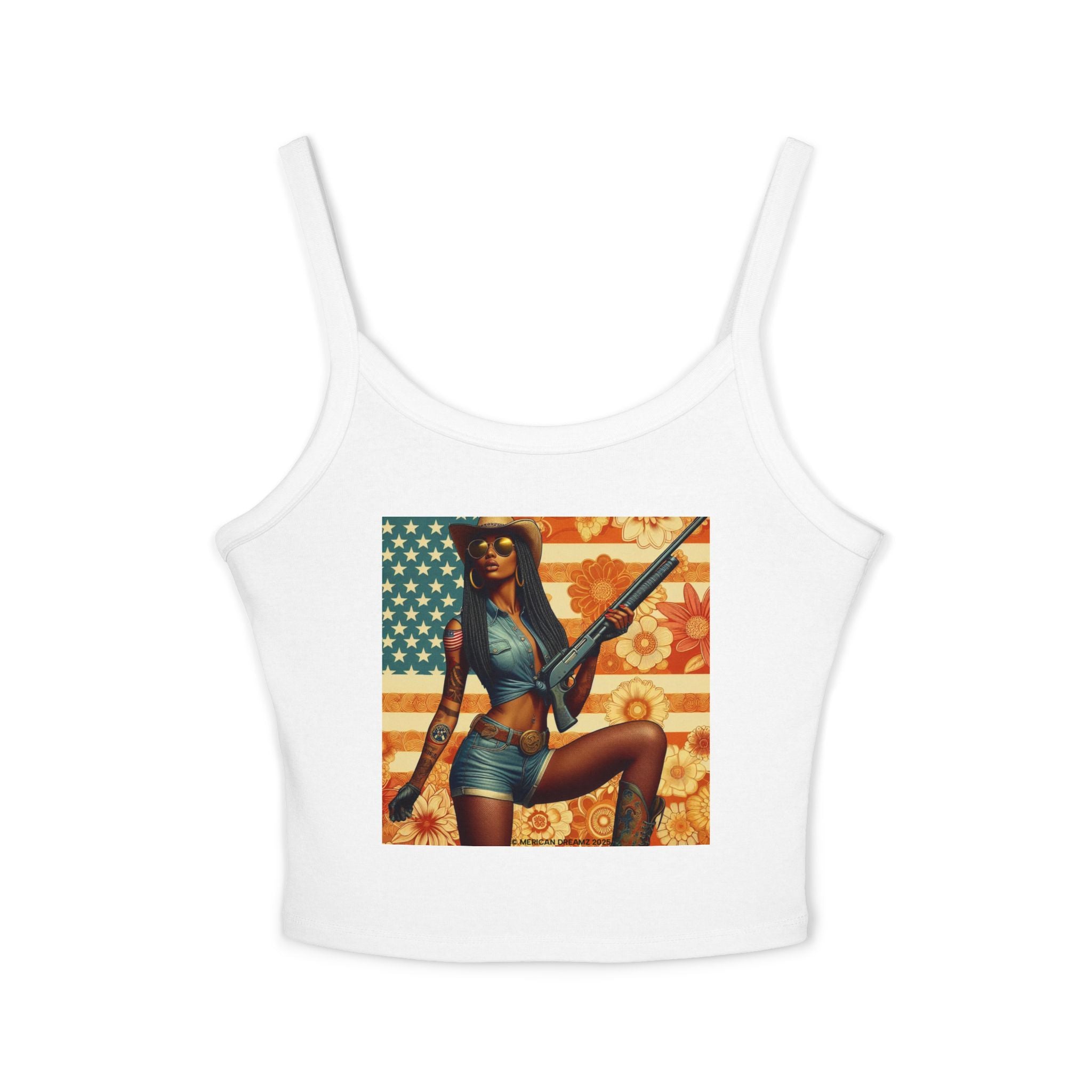 Retro Pinup Girl Tank Top — Vintage Flag & Floral Spaghetti Strap
