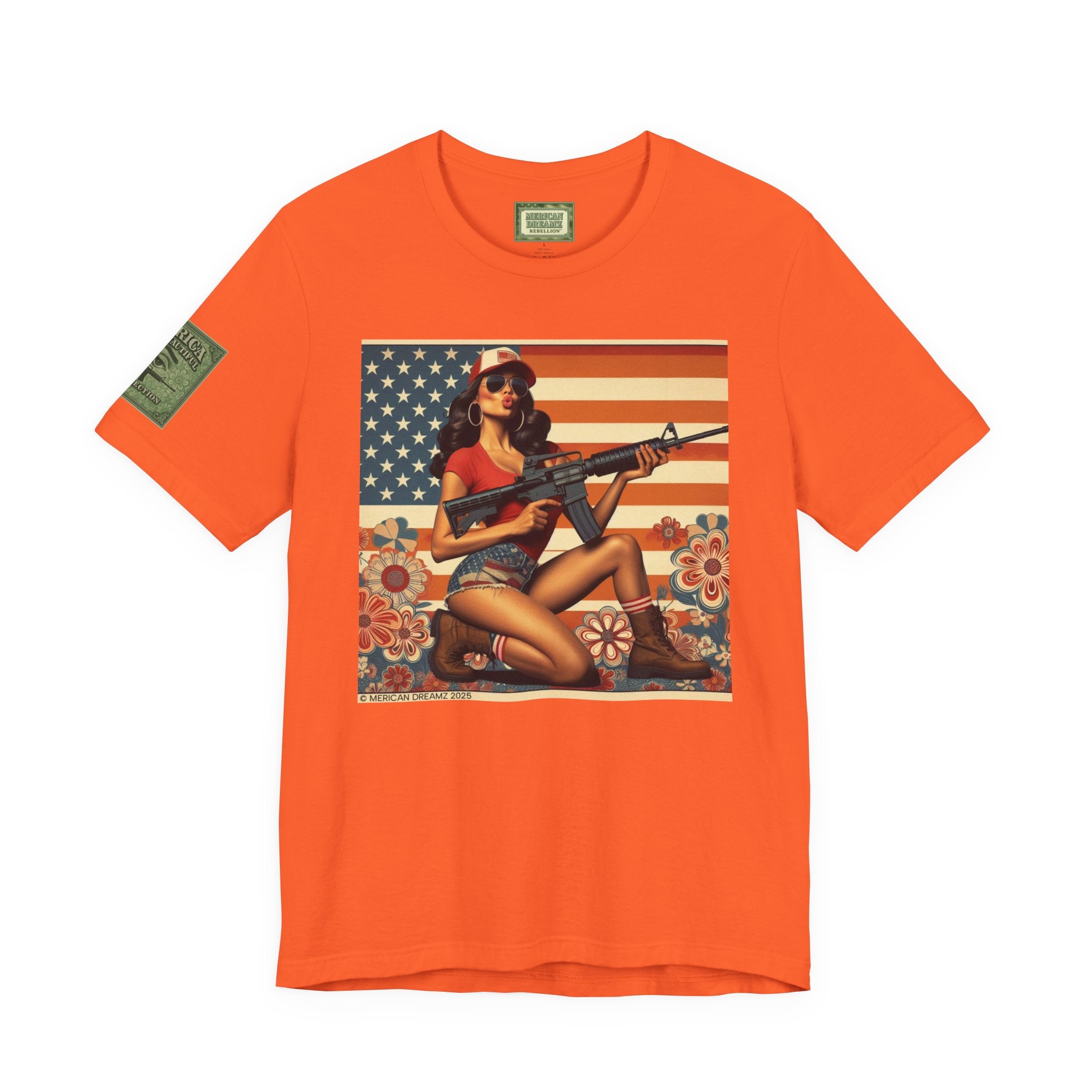 Graphic Short Sleeve Tee front and back — Retro Americana Pin-Up Girls with AR-15 Rifles
