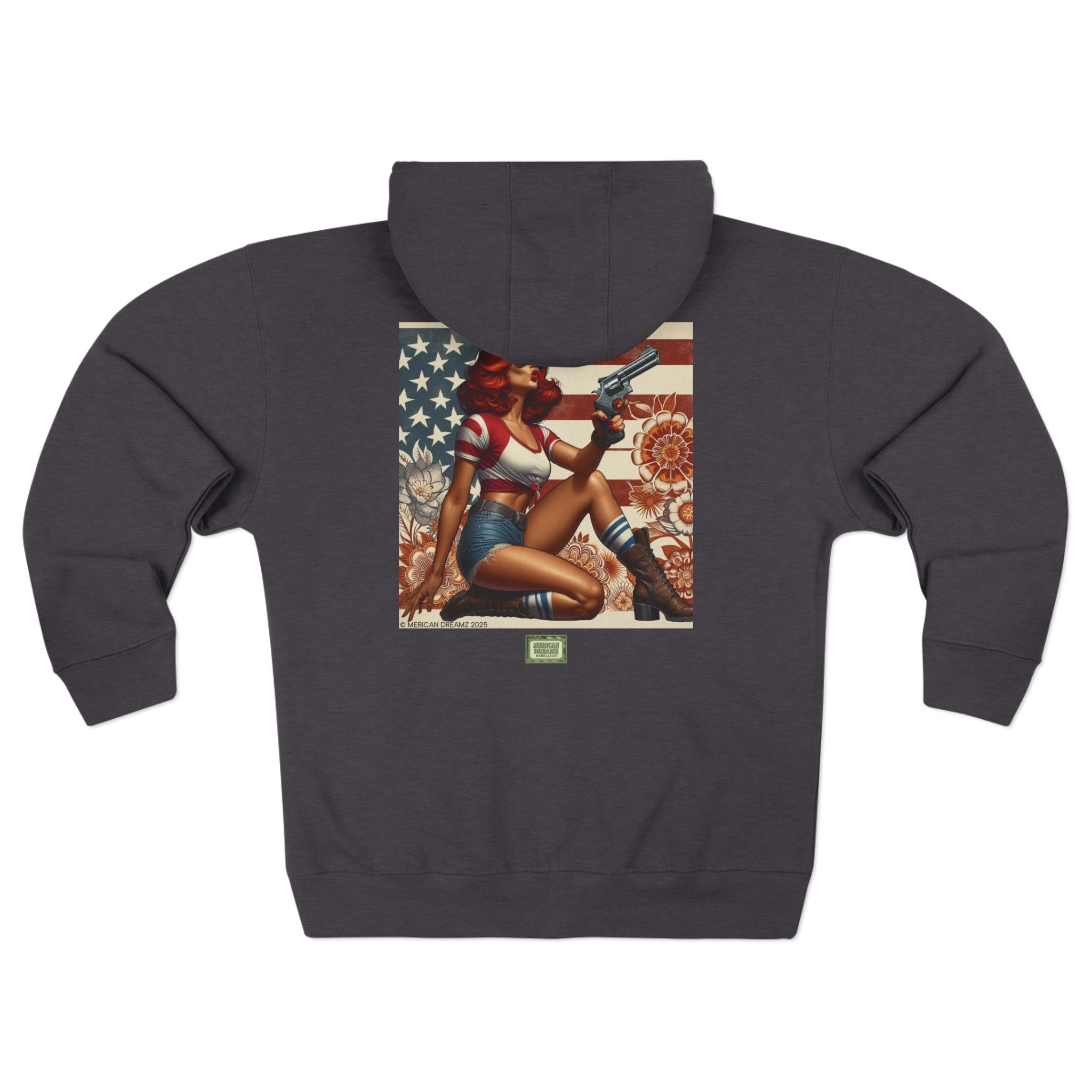 Americana Pinup Cowgirl with 44 Magnum Zip Hoodie — Retro Vintage Patriotic Graphic