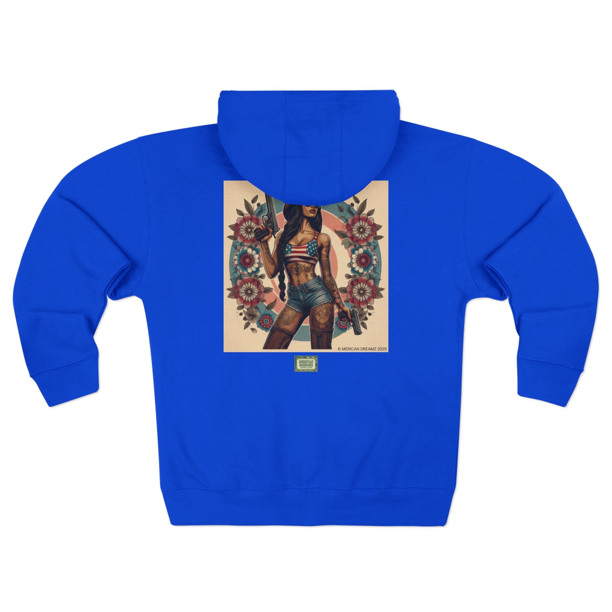 Americana Pinup Cowgirl with 9mm Zip Hoodie — Retro Vintage Patriotic Graphic