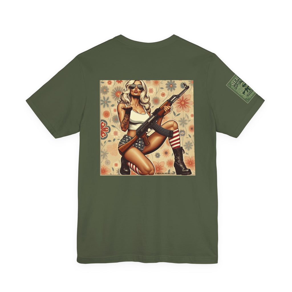 Graphic Short Sleeve Tee front and back — Retro Americana Pin-Up Girls with AK-47 Rifles
