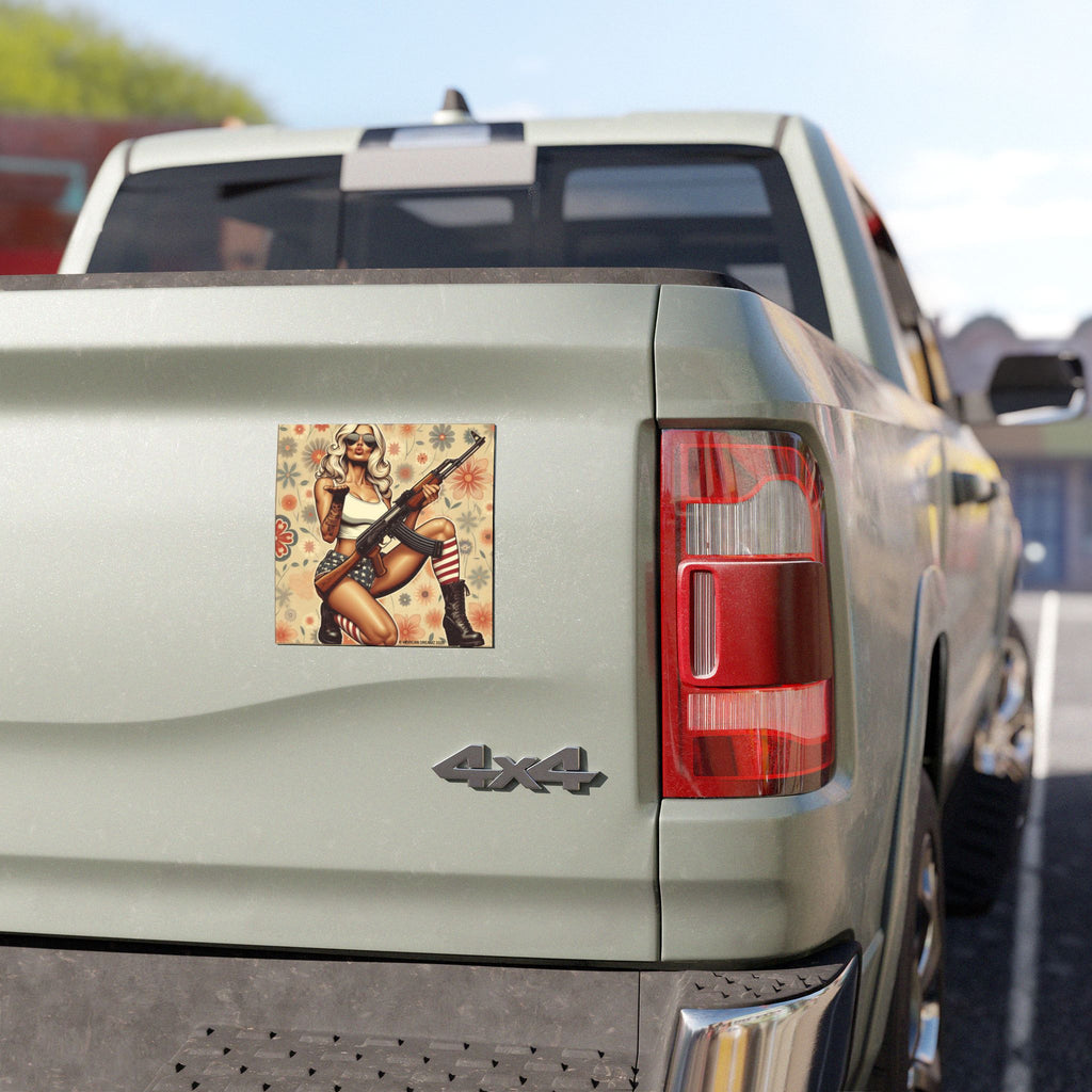 Car Magnet Patriotic Americana Cowgirl with Rifle | Square American Flag Vintage Floral