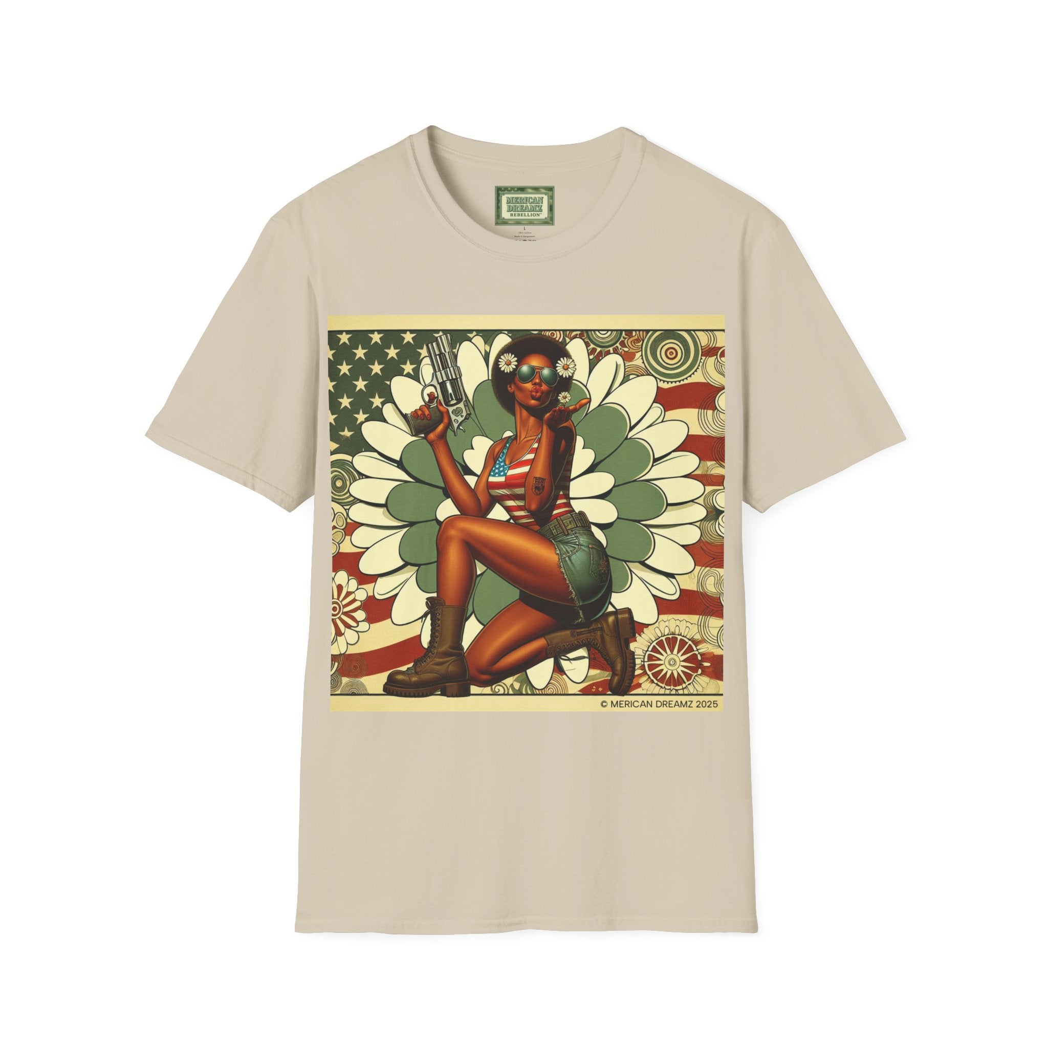 Graphic T-Shirt — Patriotic Pinup Girl with Pistol Vintage Flag Design (US Only)