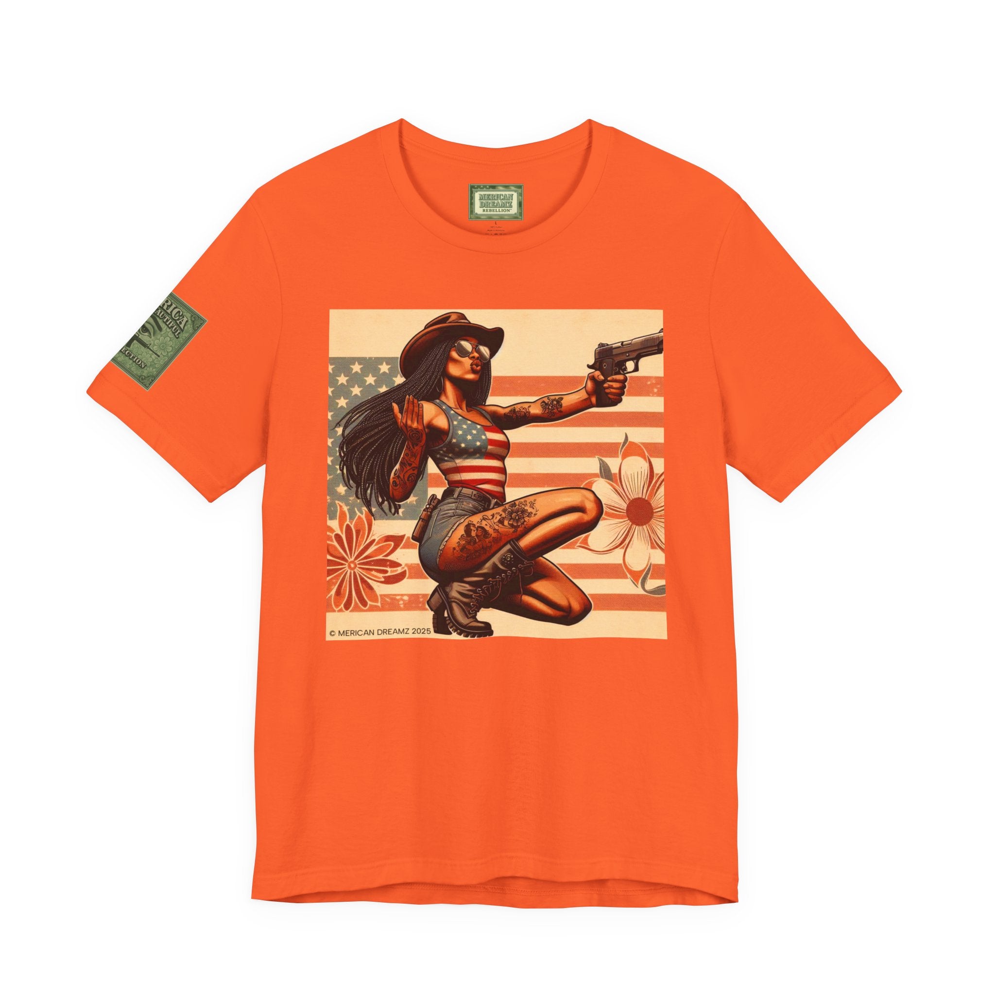 Graphic Short Sleeve Tee front and back — Retro Americana Pin-Up Cowgirls with 9mm Pistols
