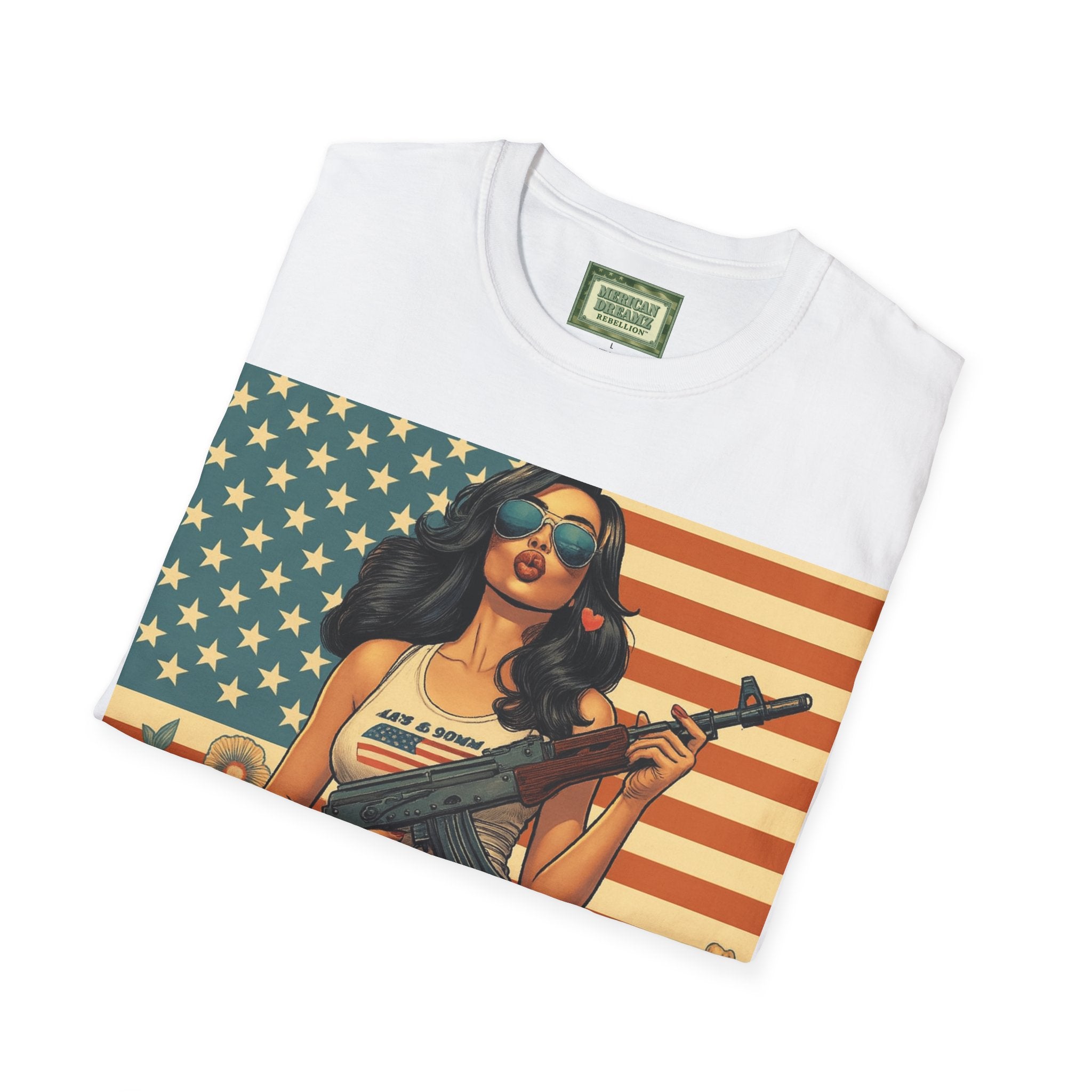Graphic T-Shirt — Patriotic Pinup Girl with Rifle Vintage Flag Design (US Only)
