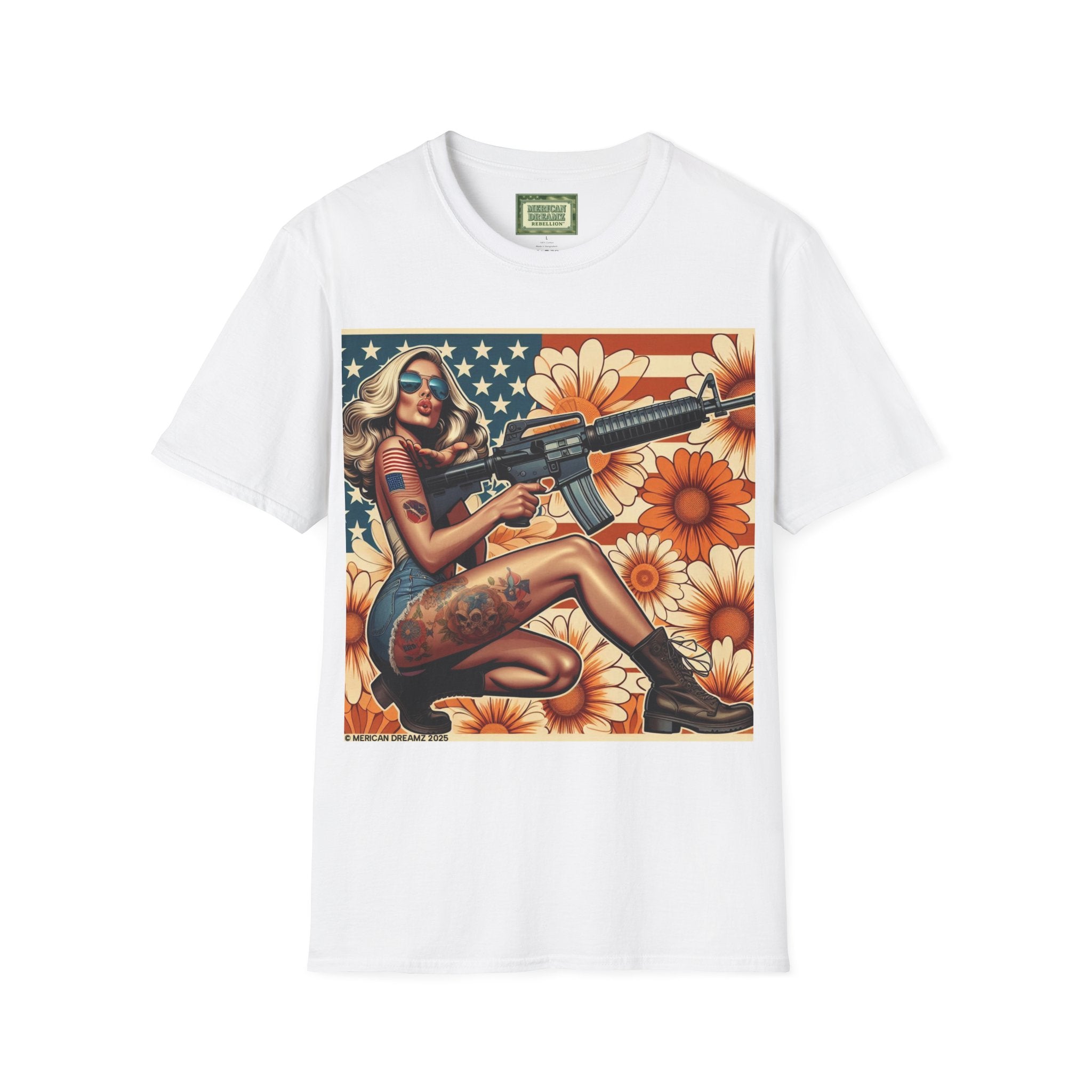 Graphic T-Shirt — Patriotic Pinup Girl with Rifle Vintage Flag Design (US Only)