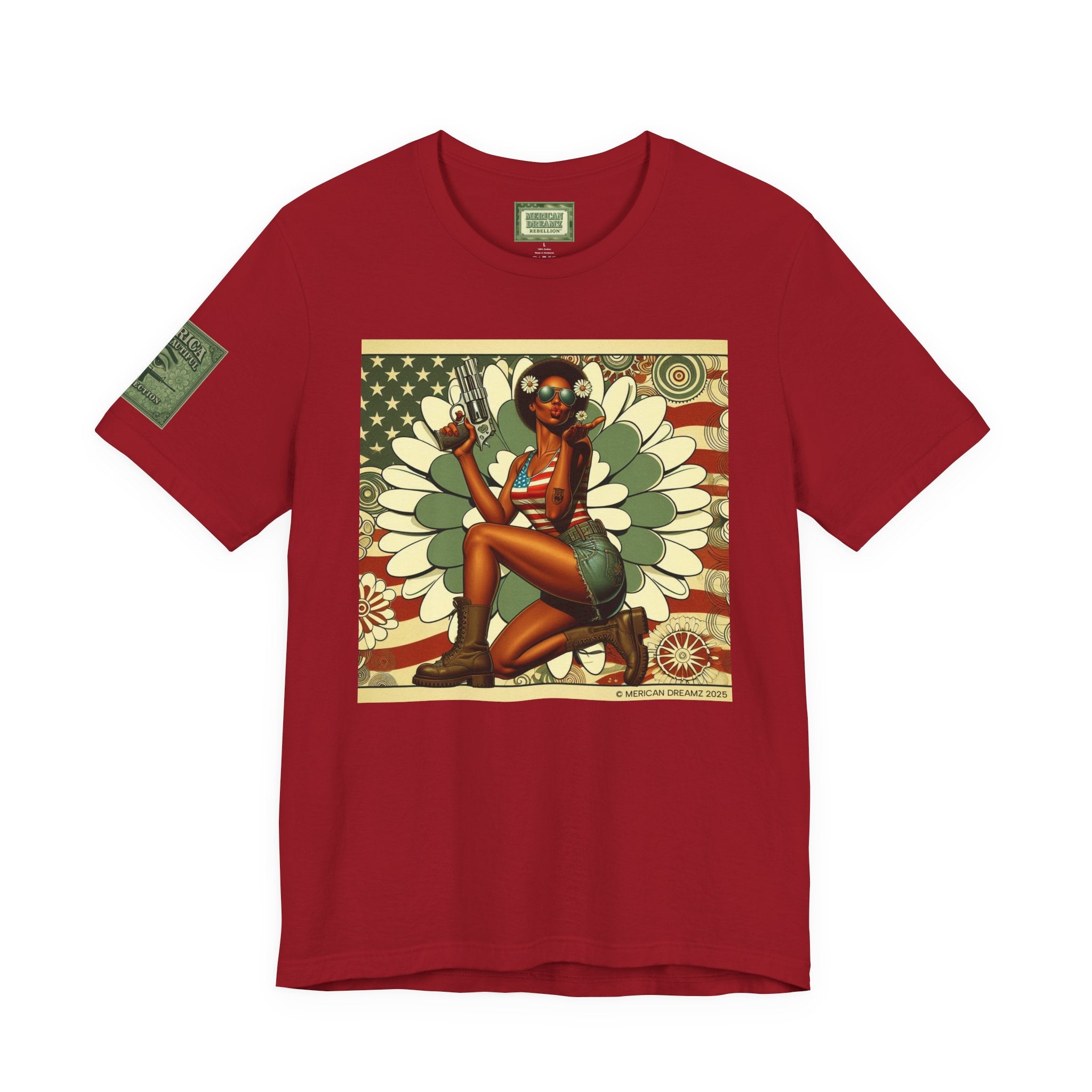 Graphic Short Sleeve Tee front and back — Retro Americana Pin-Up Cowgirls with .44 Magnum and AR-15