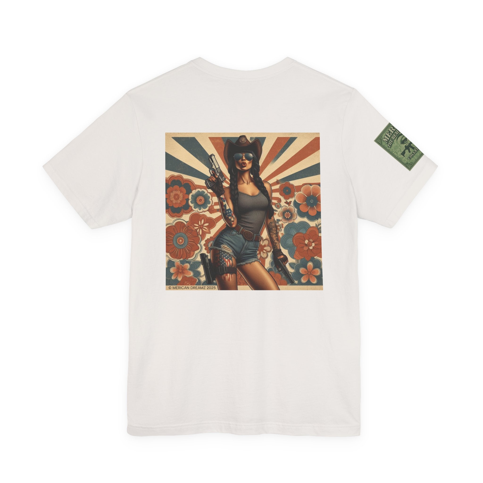 Graphic Short Sleeve Tee front and back — Retro Americana Pin-Up Cowgirls with 9mm Pistols