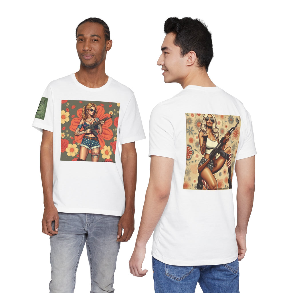 Graphic Short Sleeve Tee front and back — Retro Americana Pin-Up Girls with AK-47 Rifles