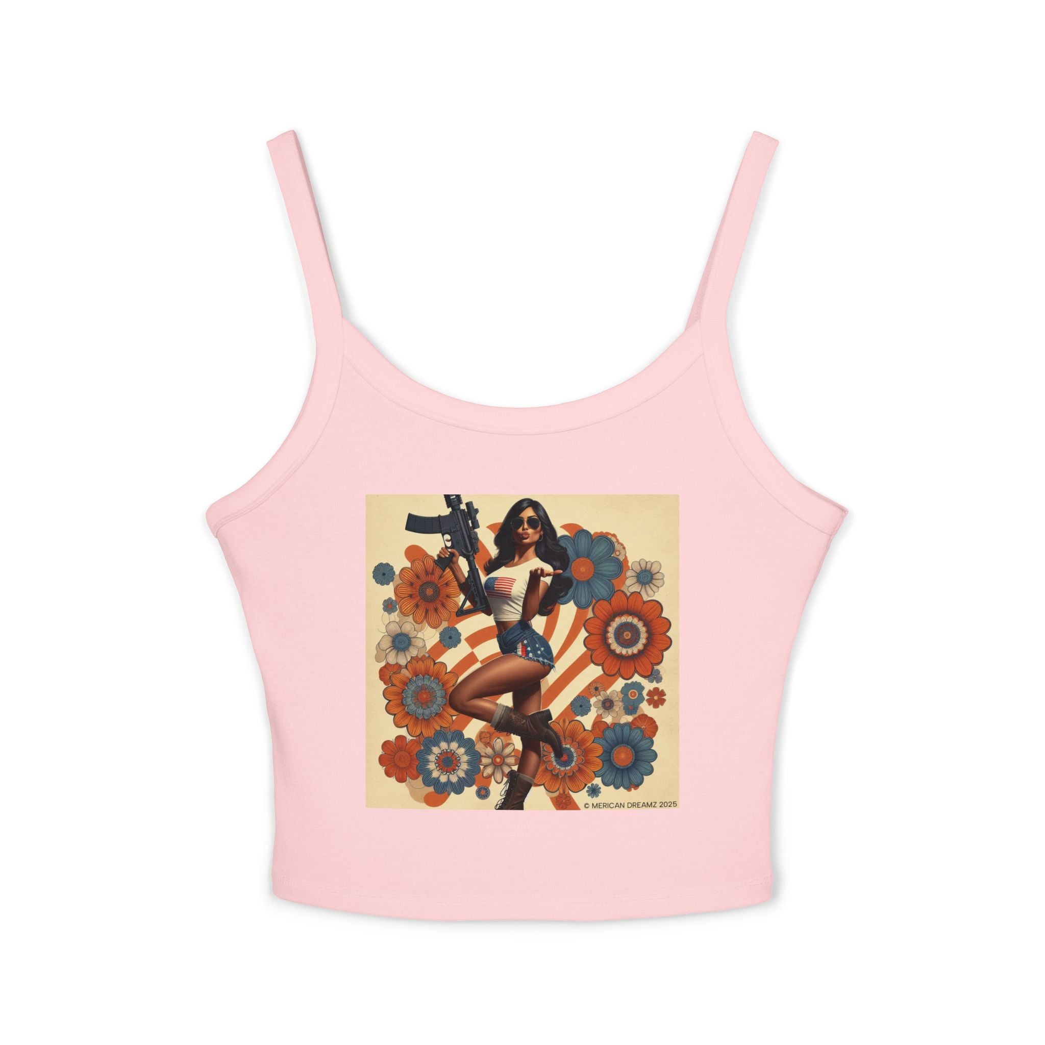 Retro Pinup Girl Tank Top — Vintage Flag & Floral Spaghetti Strap