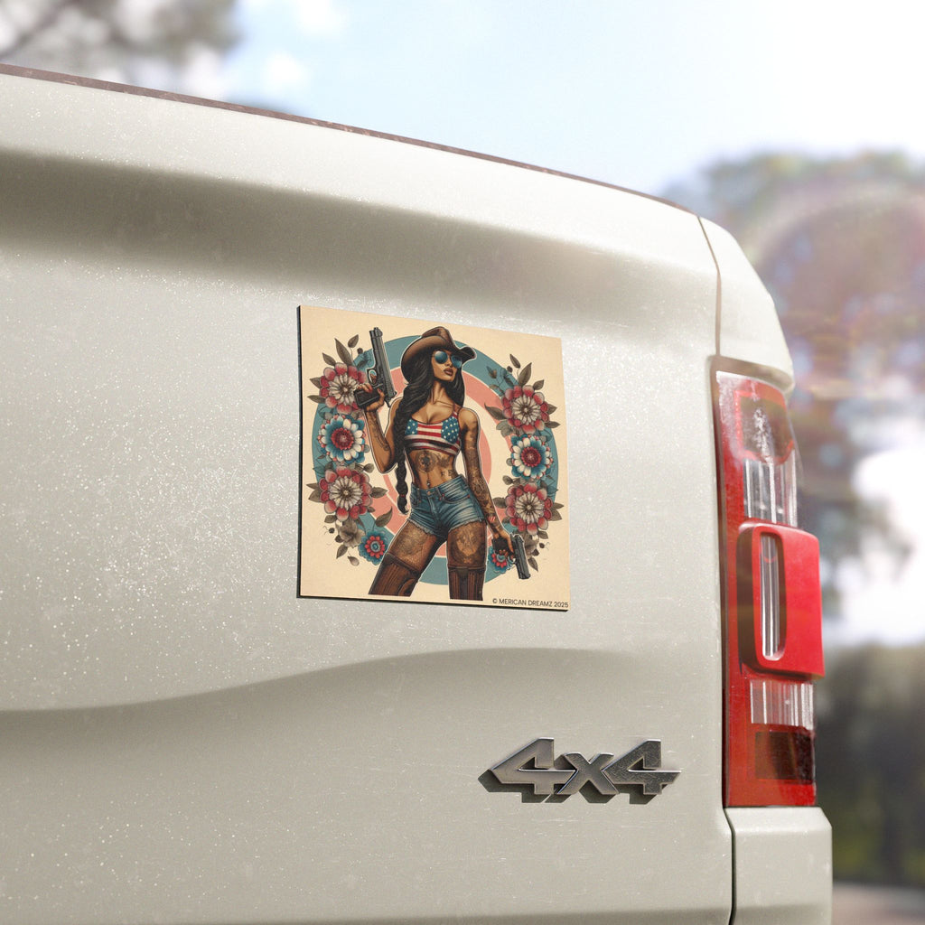 Car Magnet Americana Cowgirl with Pistols | Square Vintage Floral