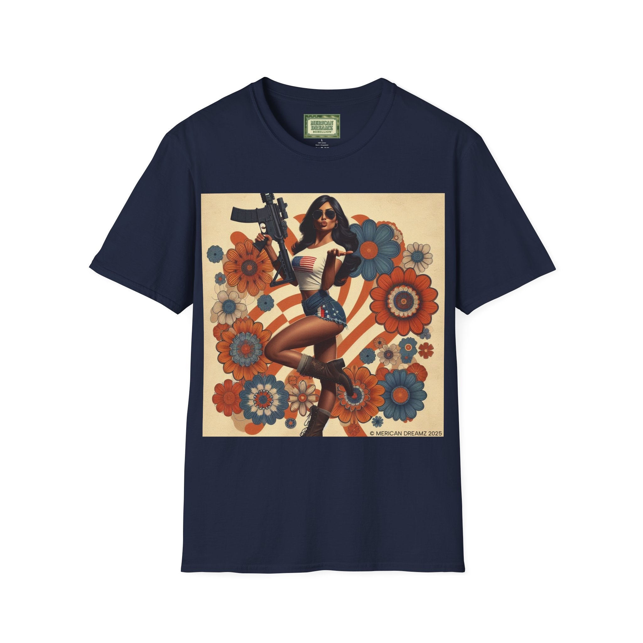 Graphic T-Shirt — Patriotic Pinup Girl with Rifle Vintage Flag Design (US Only)