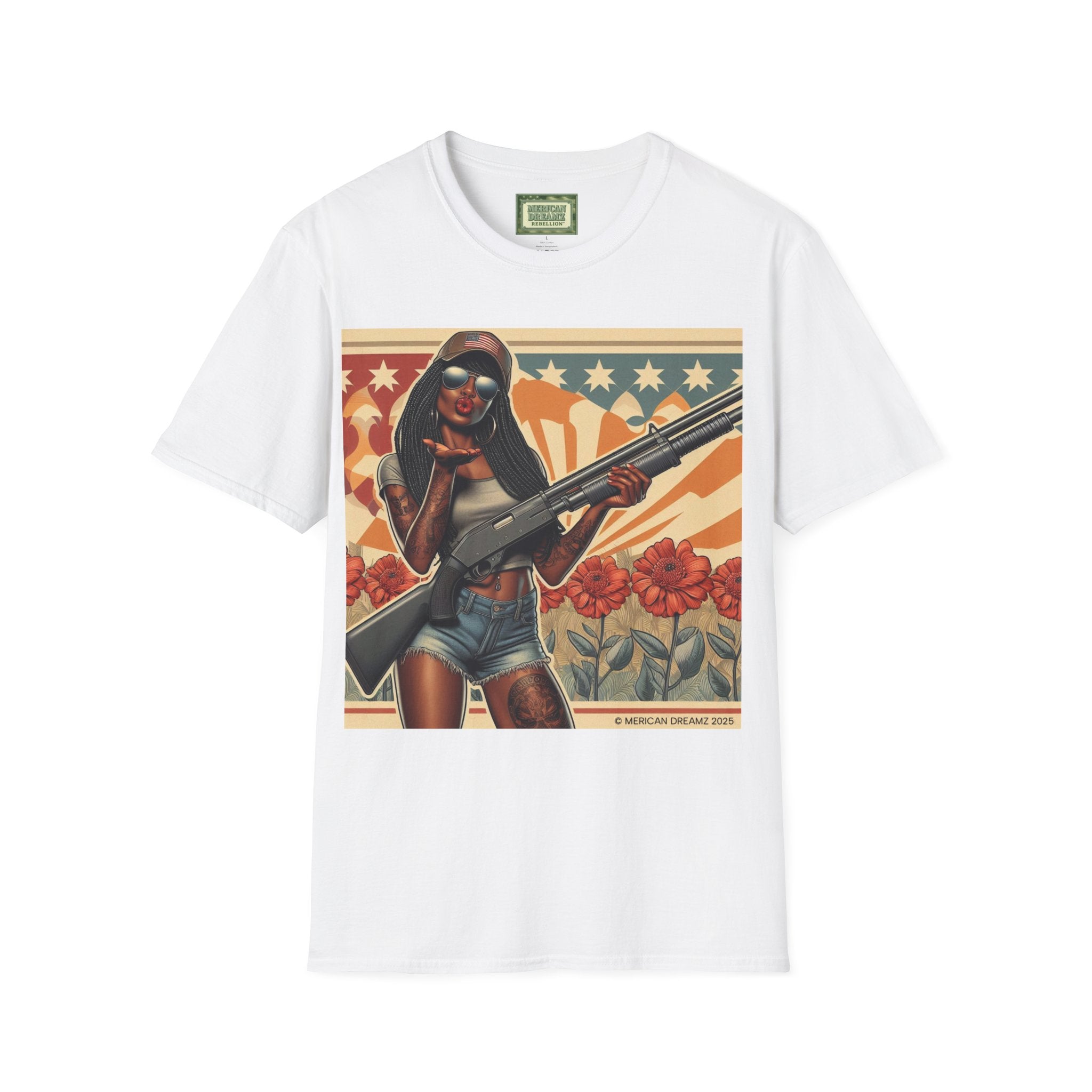 Graphic T-Shirt — Patriotic Pinup Girl with Shotgun Vintage Flag Design (US Only)