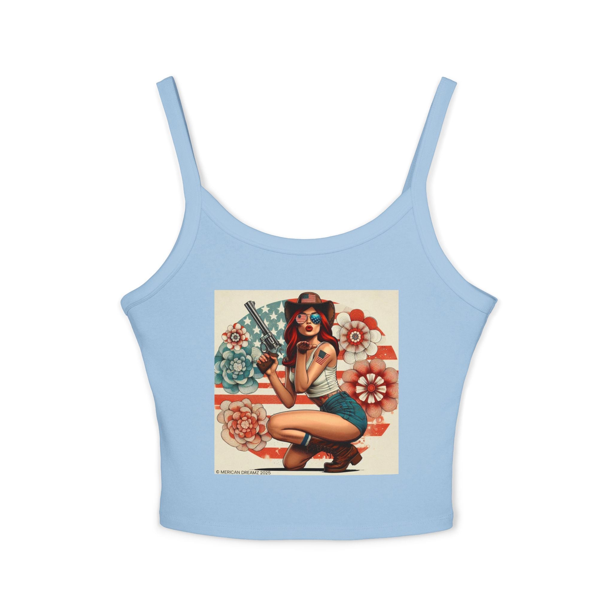 Retro Pinup Girl Tank Top — Vintage Flag & Floral Spaghetti Strap