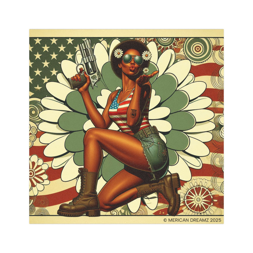 Car Magnet Patriotic Americana Pinup girl with Pistol | Square American Flag Vintage Floral