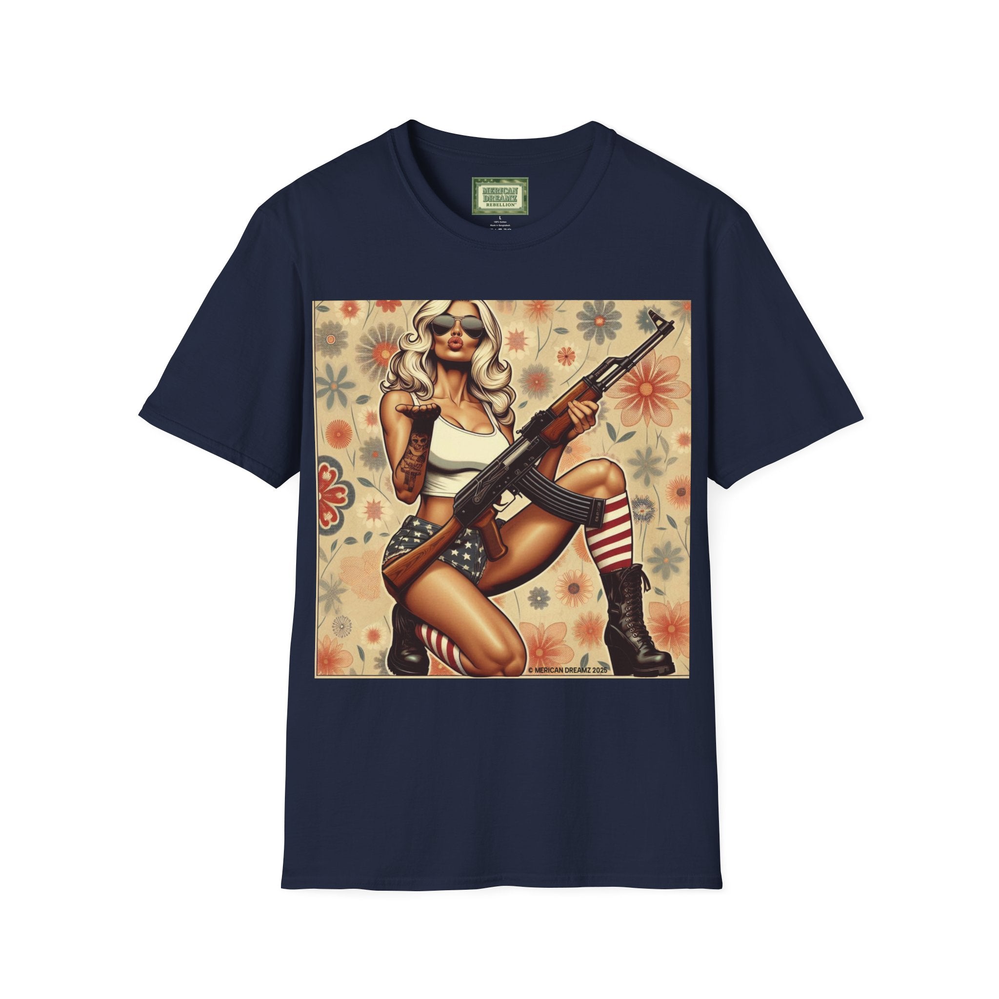 Graphic T-Shirt — Patriotic Pinup Girl with Rifle Vintage Flag Design (US Only)