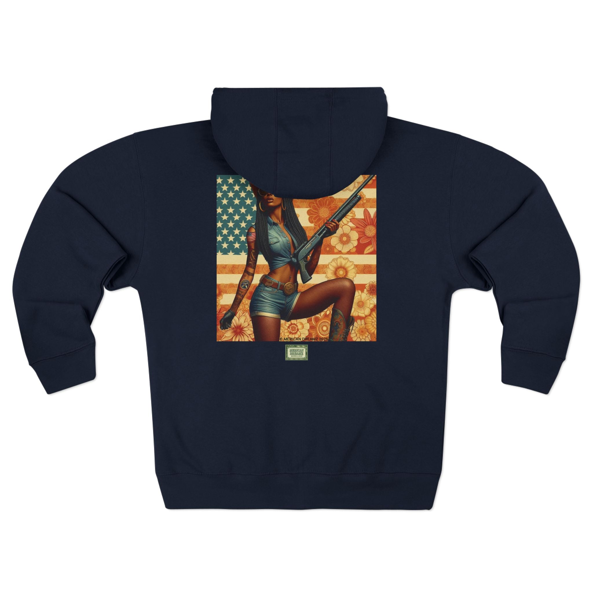 Americana Pinup Cowgirl with Shotgun Zip Hoodie — Retro Vintage Patriotic Graphic