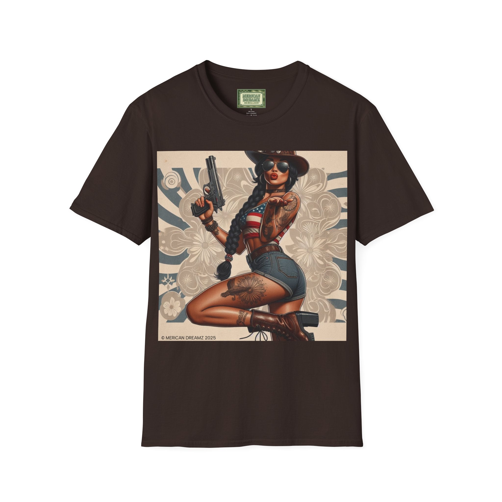 Pin-Up Americana T-Shirt — Retro Floral Gun Cowgirl Vintage Style (US Only)
