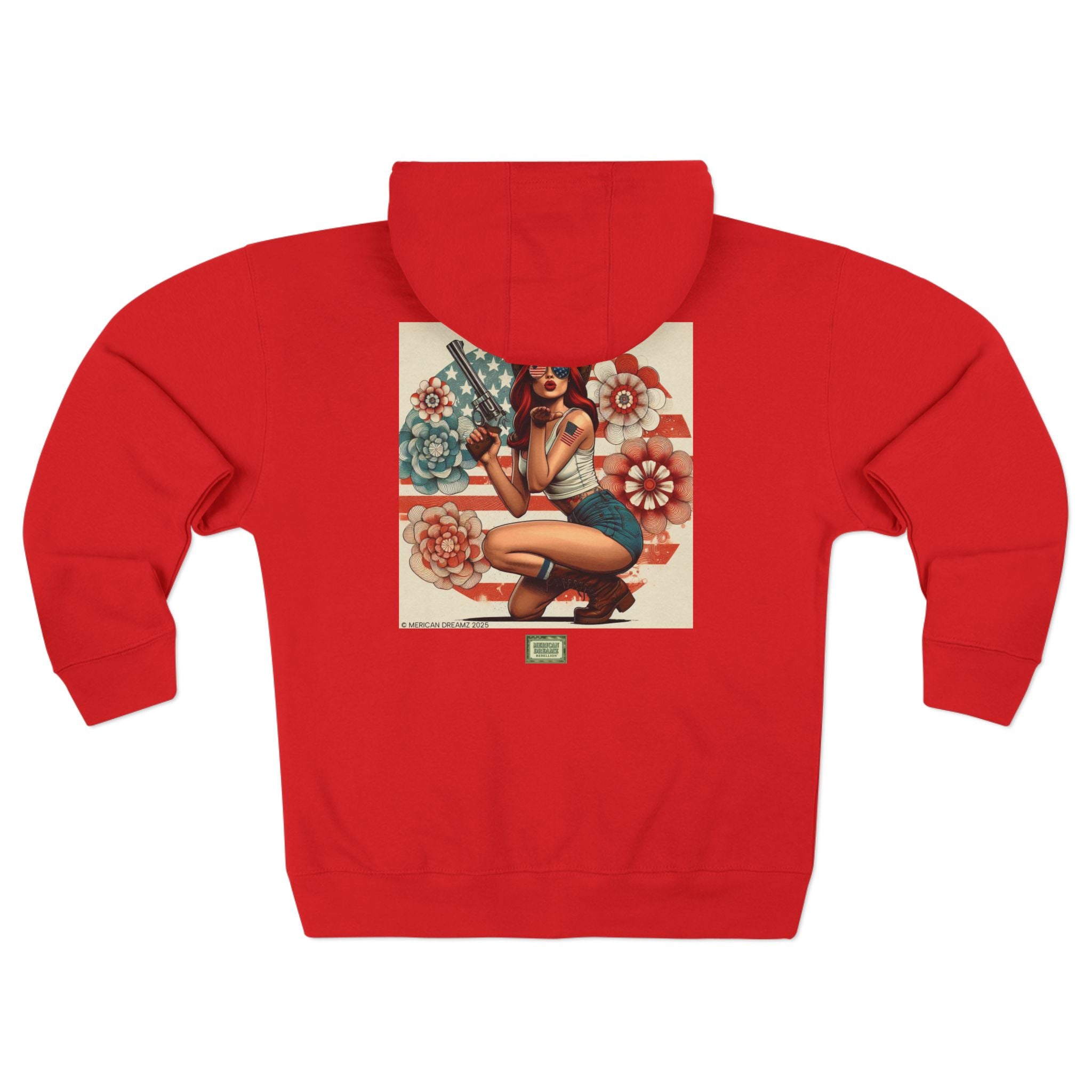 Americana Pinup Cowgirl with 44 Magnum Zip Hoodie — Retro Vintage Patriotic Graphic
