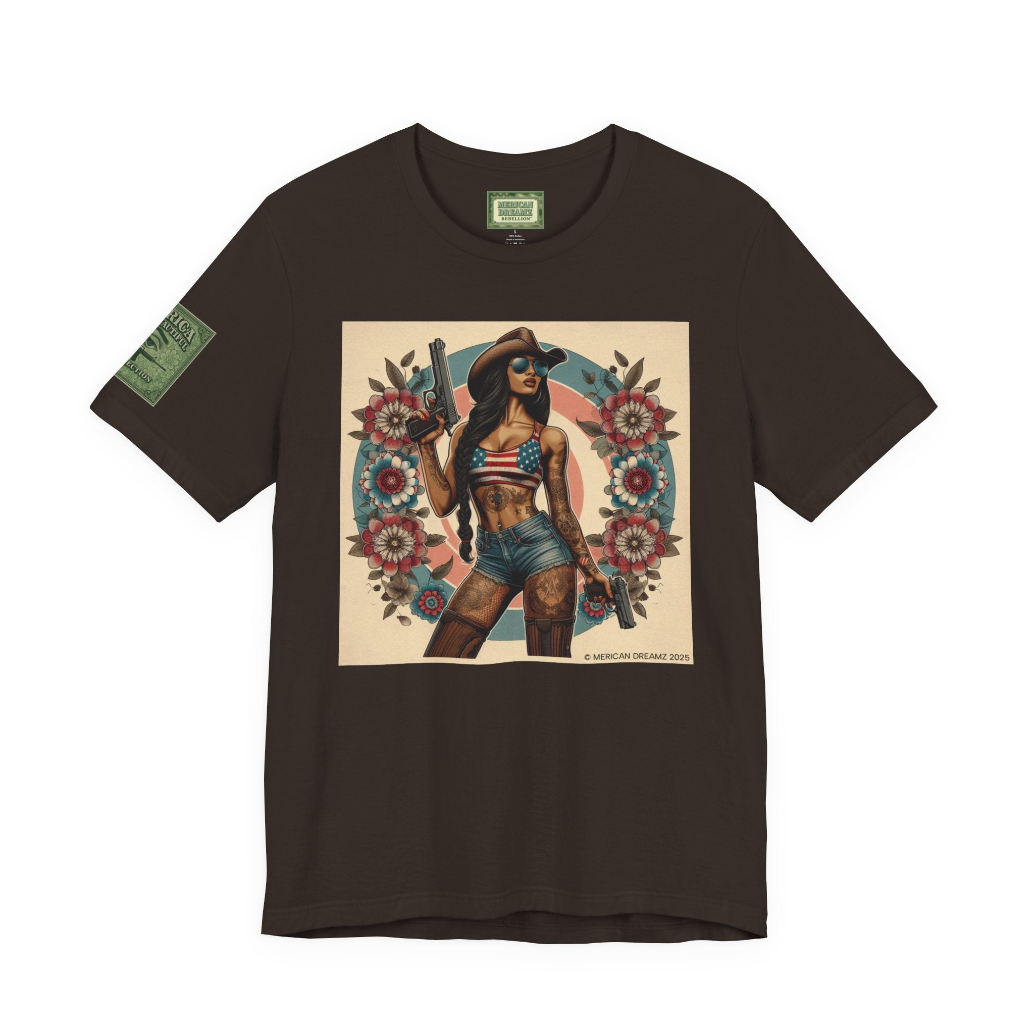 Graphic Short Sleeve Tee front and back — Retro Americana Pin-Up Cowgirls with 9mm Pistols