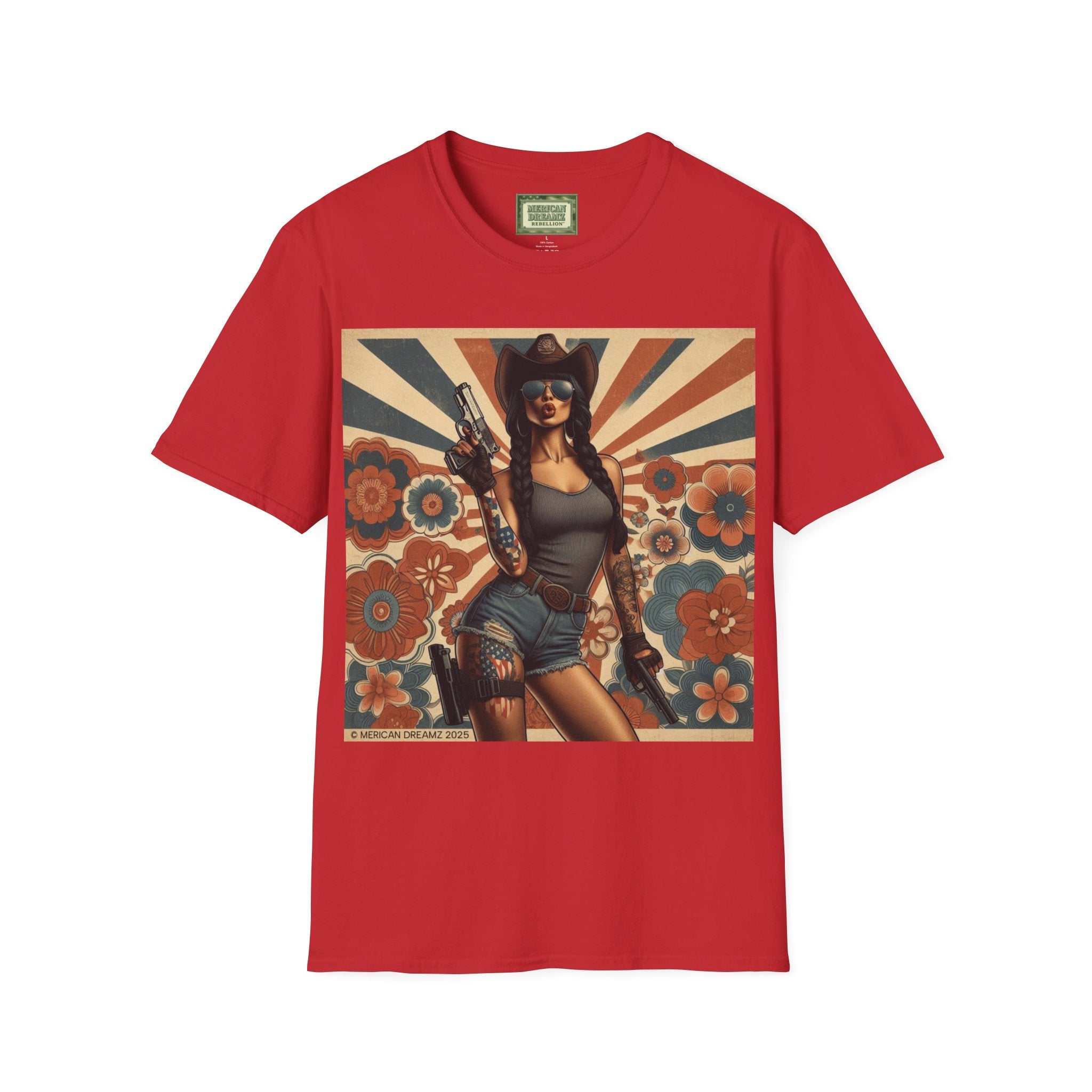 Pin-Up Americana T-Shirt — Retro Floral Gun Cowgirl Vintage Style (US Only)