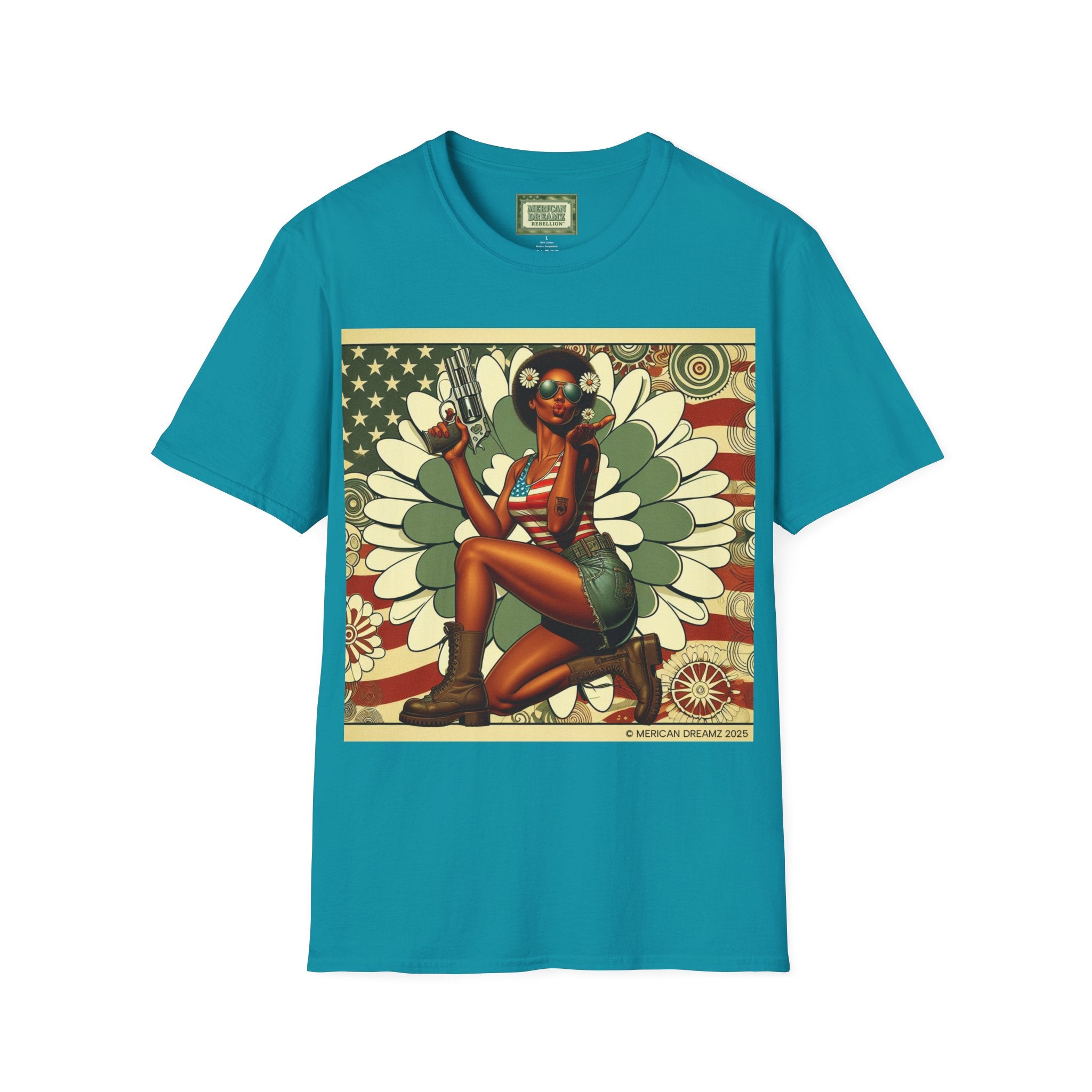 Graphic T-Shirt — Patriotic Pinup Girl with Pistol Vintage Flag Design (US Only)