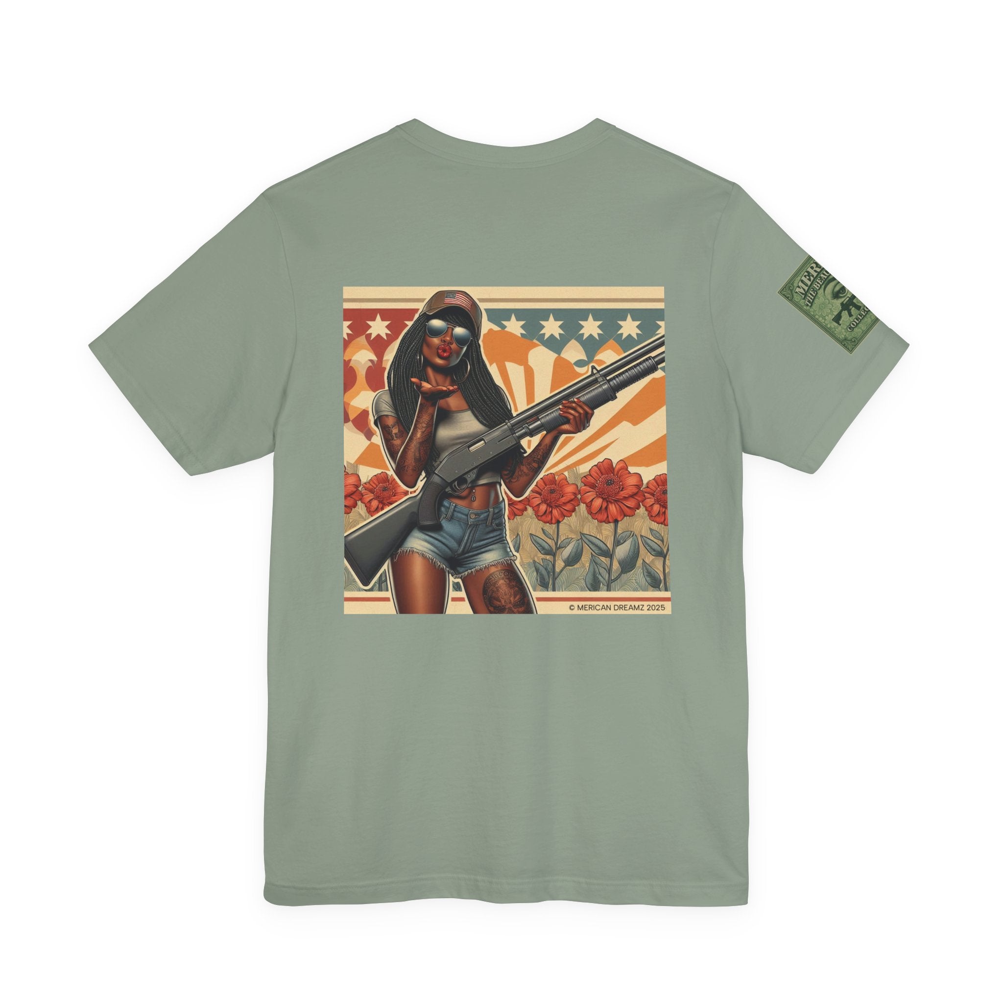 Graphic Short Sleeve Tee front and back — Retro Americana Pin-Up Cowgirls with 12 Gauge Shotguns